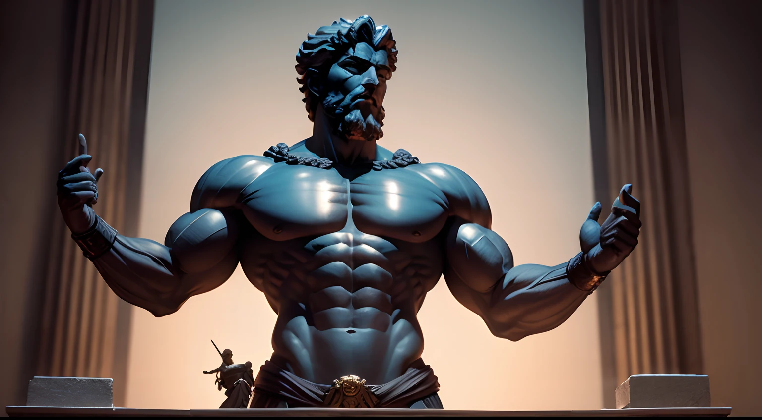 Muscular statue of Marcus Aurelius, in superhero position, dark historical background, cinemactic, 8k
