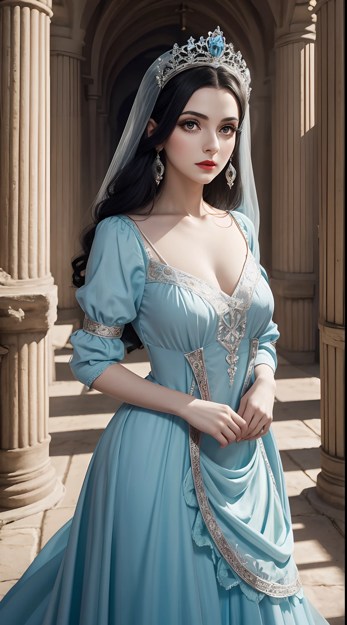 Sonia Anmar como a Personagem da Disney Branca de Neve, Vestido Colonial nas cores azul e vermelho, medieval palace, look-at-camera, facial expression of tenderness, Curvilinear athletic body, pale skin, neve, montanhas, cabelos negros, cabelos escuros, cabelos pretos, red lips, olhar de ternura, look-at-camera, romantismo, Imperial Hall, cortinas, raios de luz penetrantes