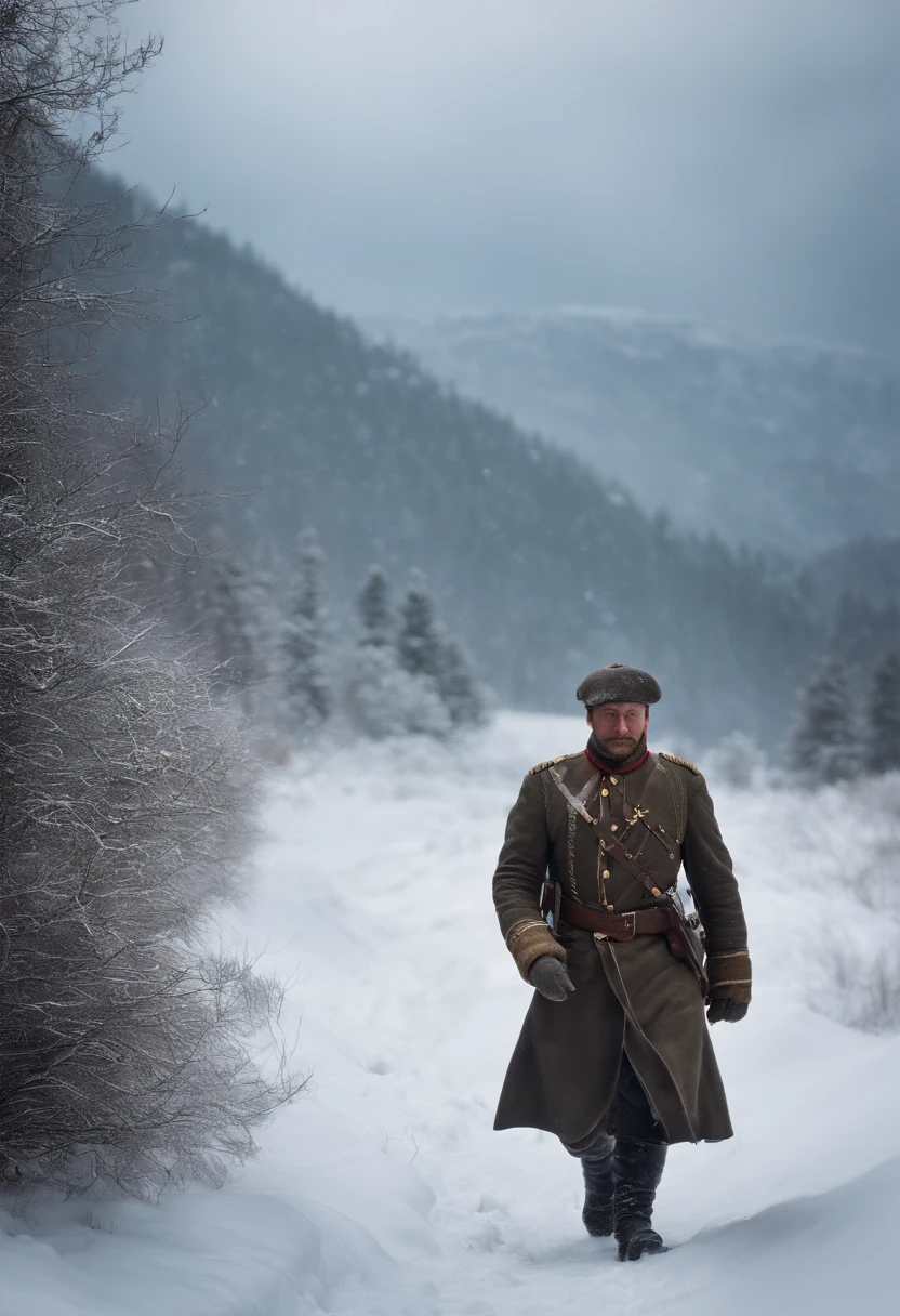 1800s, 10.000 Russian soldier walking in the blizzard in the mountains.