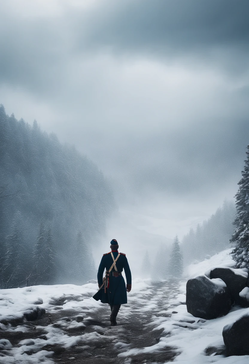 1800s, 10.000 Russian soldier walking in the blizzard in the mountains.