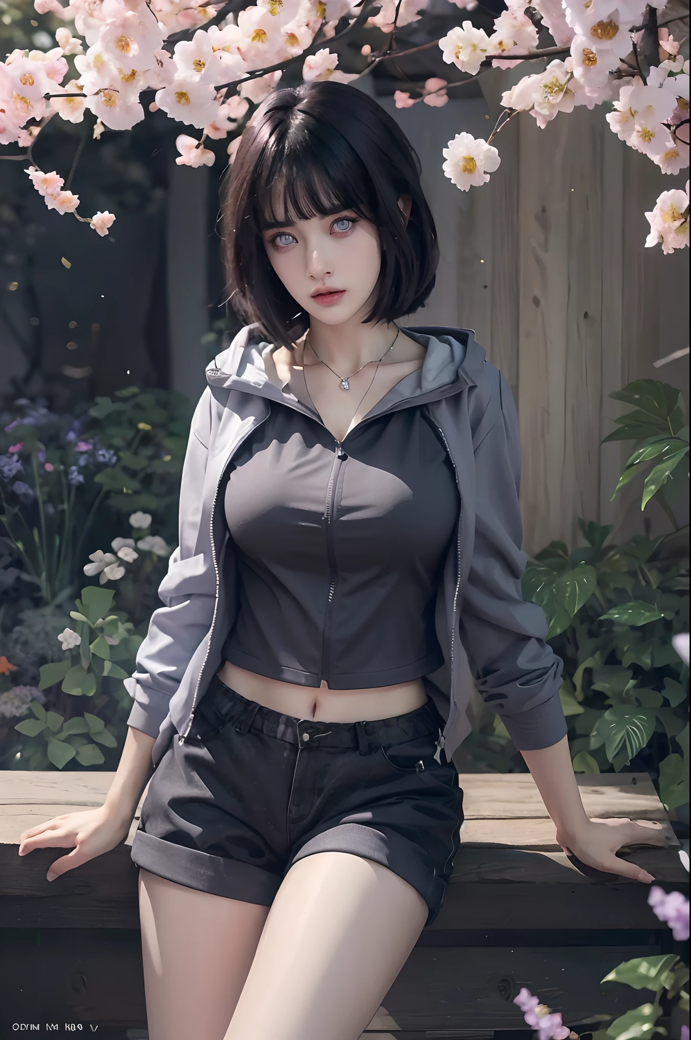 ((Best Quality, 8K, Masterpiece:1.3)), 1girl, (Detailed:1.4), a close up of a woman with a very big breast posing on a garden, hyper realistic, Ultra realistic, photorealistic, 3d realistic, photorealistic girl render, realistic, seductive girl, ultra realistic picture, hyperrealistic schoolgirl, A woman with short bob Bangs hairstyle and black clothes, hair Bangs, grey jacket with Hoodie, (Large Breasts:1.3), (Huge Breasts:1.3), nice stomach, light purple eyes, light purple plain eyes, black clothes, grey jacket, Black hair, black short pants, beauty necklace, UHD, Extremely detailed, Reality, Tfft