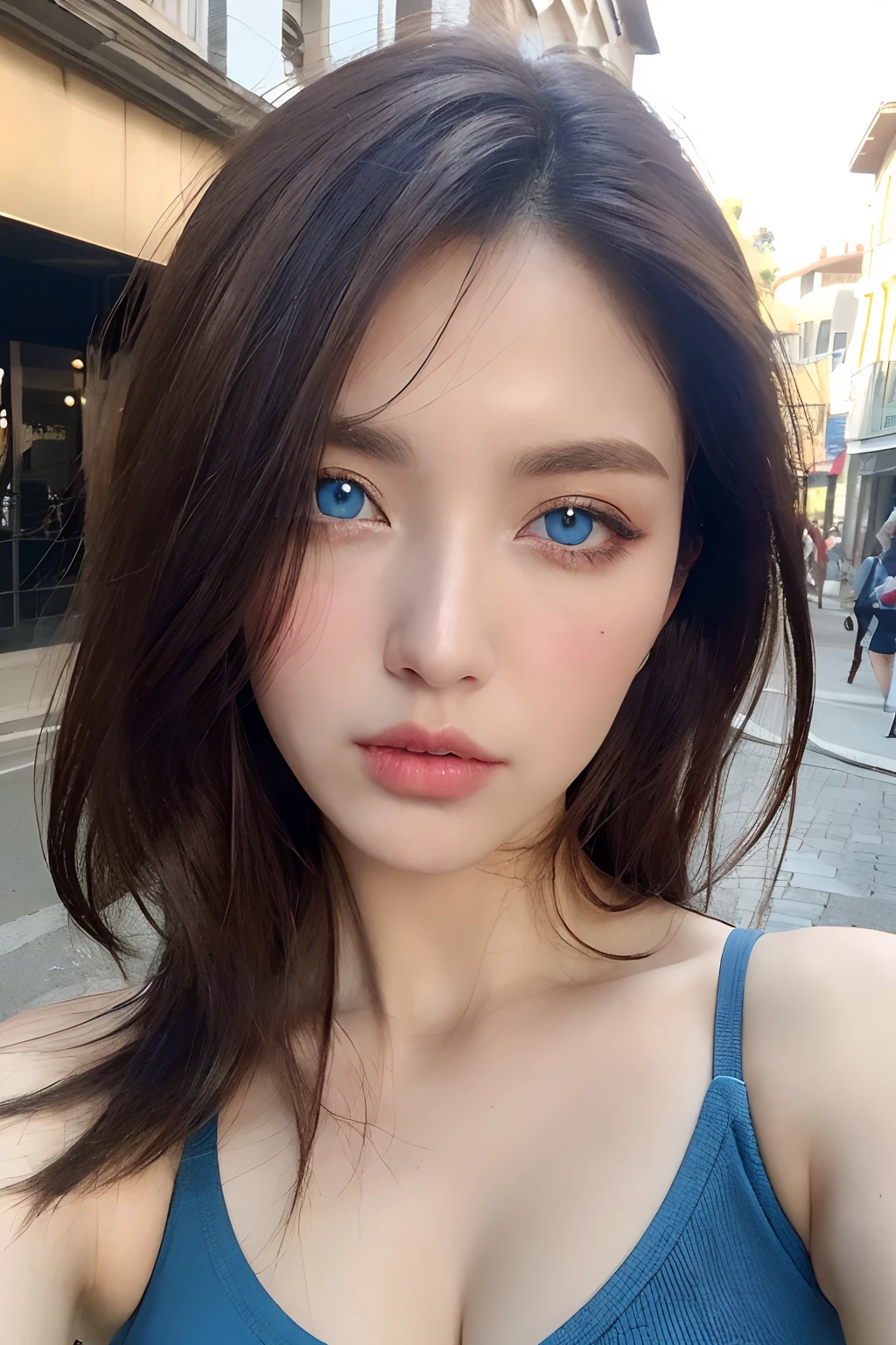 (Italian woman、Perfect Style Beauty:1.4、Slender abs:1.2、((Dark brown hair、Blue Eye、爆乳:1.2))、(Natural Soft Light、City Street:1.1)、Face and skin texture、Eye for detail、二重まぶた