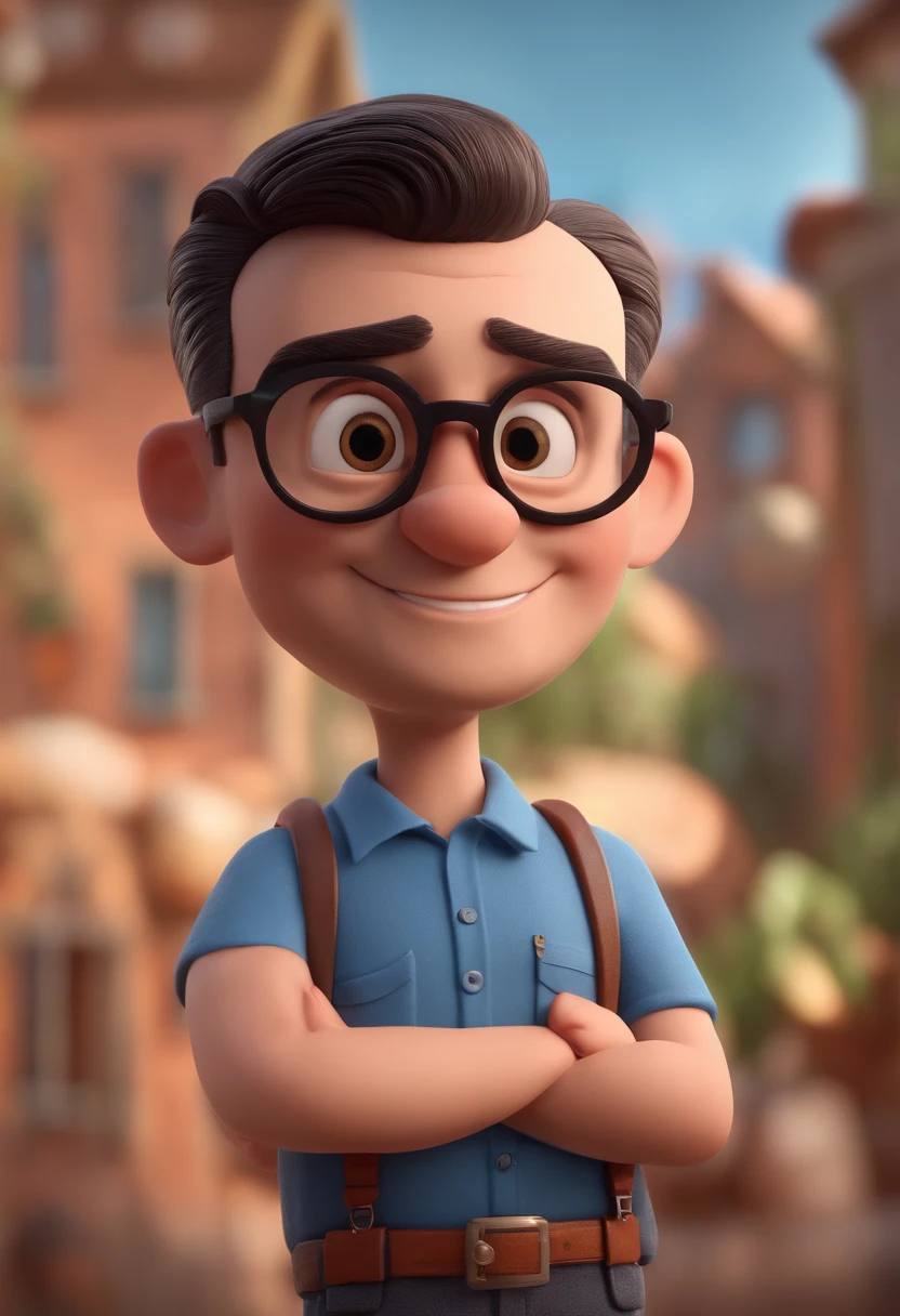 Cartoon character of a man with black glasses and a blue shirt, animation character, Caractere estilizado, animation style rendering, 3D estilizado, Arnold Maya render, 3 d render stylized, toon render keyshot, Personagem 3D, Personagem 3D, 3d rendering stylized, 3 d character render, personagem de desenho animado, Personagem de close up, Pose de personagem,  (Estilo Pixar) (master part:1.2) (Bokeh) (best quality) (pele detalhada) (textura detalhada) (8k) (argila) (Cinematic lighting) (foco nítido