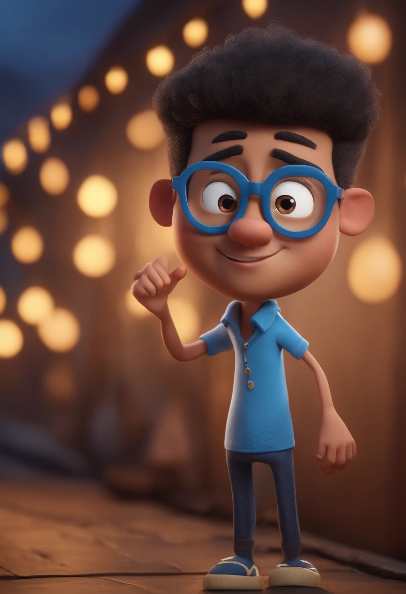 Cartoon character of a man with black glasses and a blue shirt, animation character, Caractere estilizado, animation style rendering, 3D estilizado, Arnold Maya render, 3 d render stylized, toon render keyshot, Personagem 3D, Personagem 3D, 3d rendering stylized, 3 d character render, personagem de desenho animado, Personagem de close up, Pose de personagem, (Estilo Pixar) (master part:1.2) (Bokeh) (best quality) (pele detalhada) (textura detalhada) (8k) (argila) (Cinematic lighting) (foco nítido