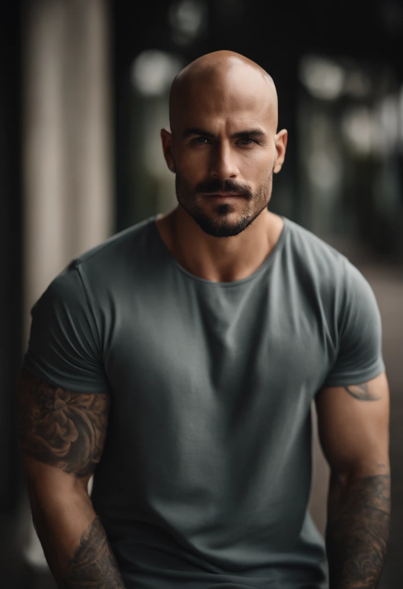 Bald man without hair, short beard and gray shirt posing for a photo, tatuagens, homem tatuado, macho atraente, Macho bonito, homem atraente, bonito rosto atraente, bonito e atraente, jovem atraente, Homem magro com pele bronzeada clara, homem bonito, cabelos castanhos na altura dos ombros, modelo masculino, rosto bonito perfeito, strong masculine features, rosto detalhado, square jawline, Can Yaman 8k