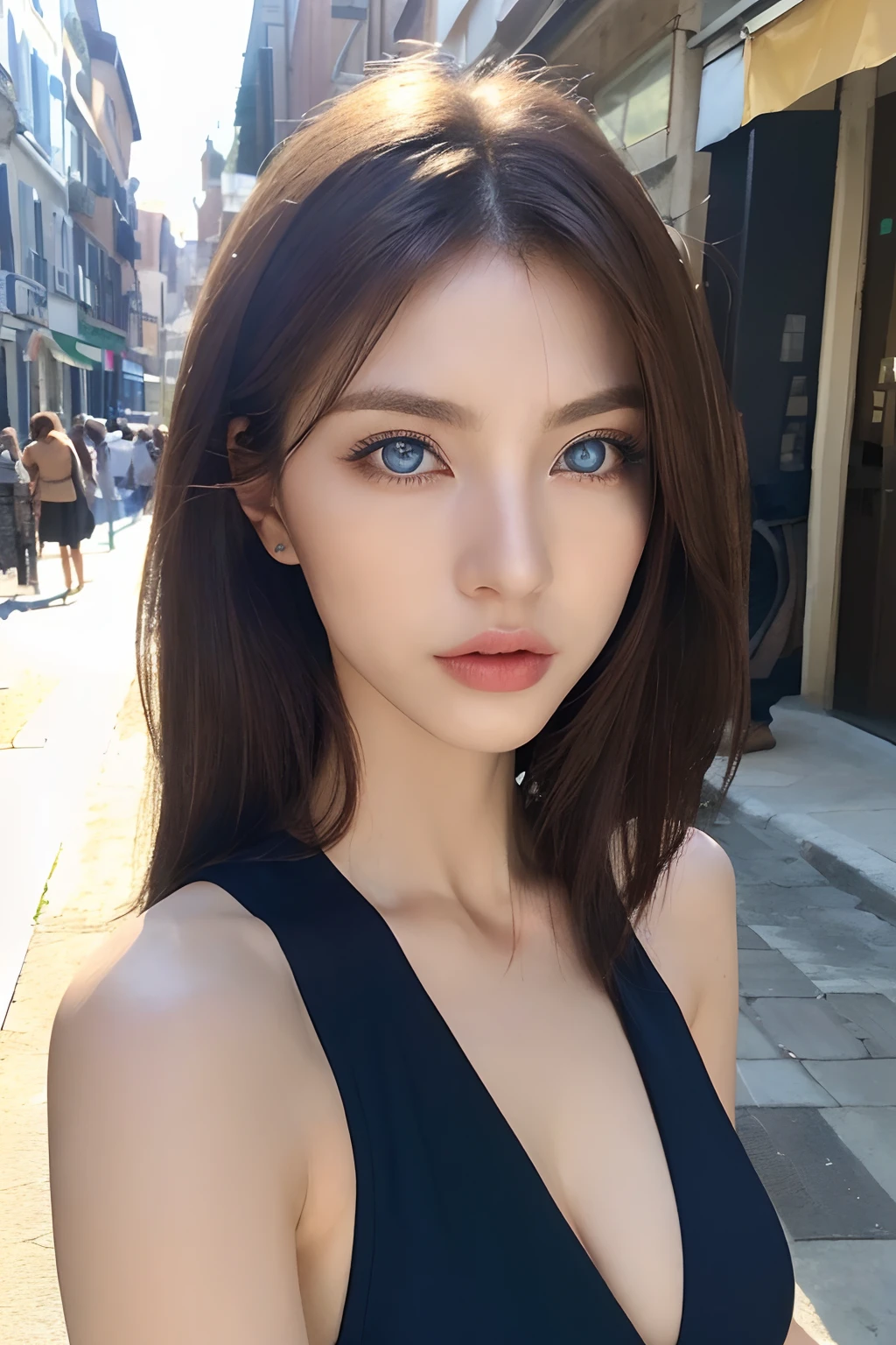 (Italian woman、Perfect Style Beauty:1.4、Slender abs:1.2、((Dark brown hair、Blue Eye、爆乳:1.2))、(Natural Soft Light、City Street:1.1)、Face and skin texture、Eye for detail、二重まぶた