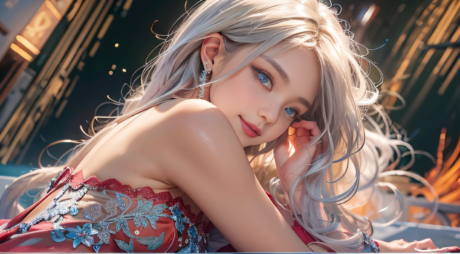 1 girl, Blonde gray hair, Straight hair, Spread hair, Long hair, PUPILS SPARKLING, long eyelashes, Blue eyes, makeup, Smile, Color Field Painting, Contemporary art, Northern Renaissance, Blurred, blending, From below, From Side, the panorama, ultra wide-angle, Wide Angle, F/1.8, 135 mm, canon, nffsw, retinas, masutepiece, Elaborate, Anatomically correct, Skin Texture, Super Detail, high detailing, High quality, hight resolution, 1080p, hard disk, 4K, 8K, of the highest quality, (Translucent off-the-shoulder immaculate white dress), (Beautiful woman lying on a wide floor), Sexy Pose (Neon lights of skyscrapers glitter in the background),(Black lace panties)