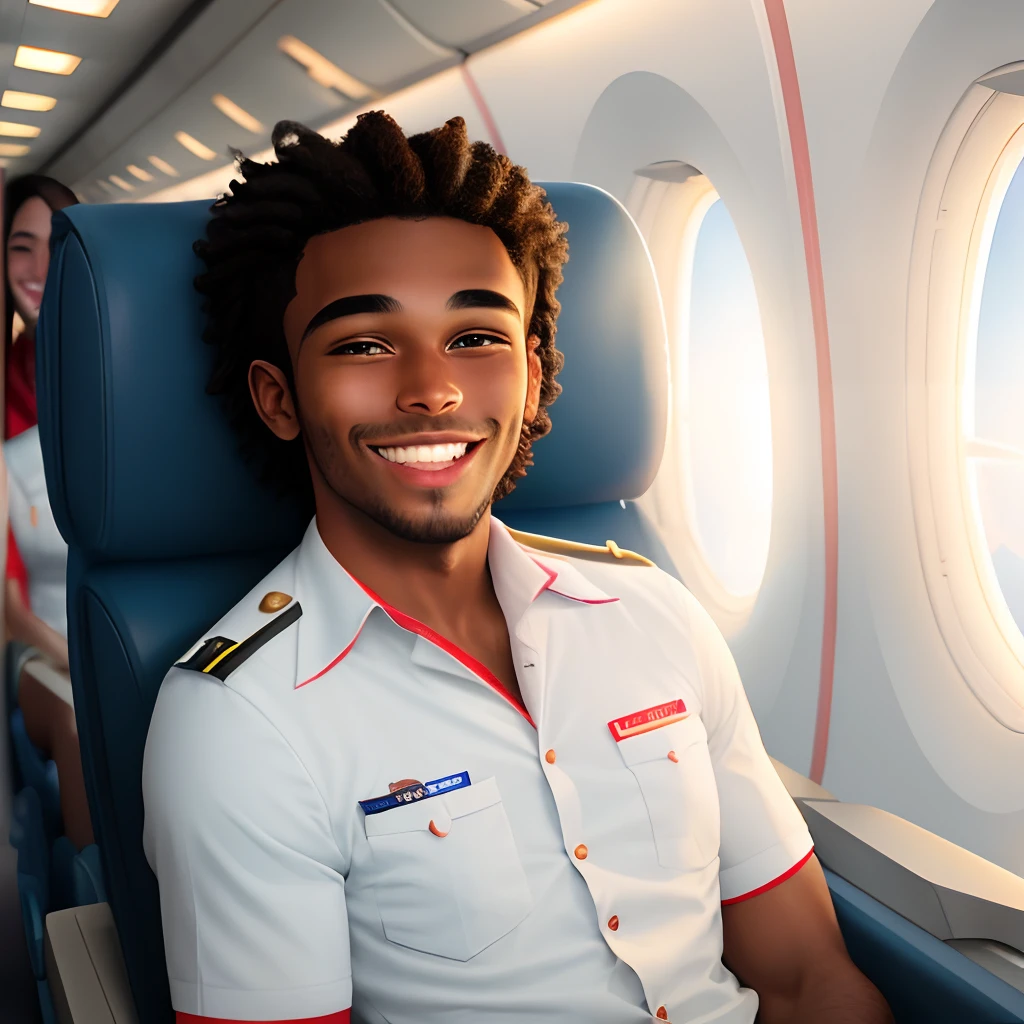 Brown Man Flight Attendant Rounded Face Fleshy Mouth Smiling