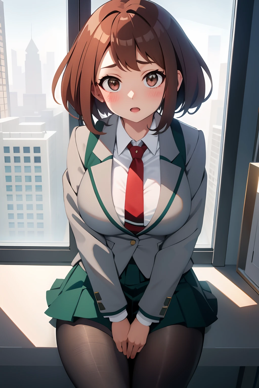 masterpiece, best quality, high contrast, professional photography, soft light, sharp focus, 1girl, hmochako, blush stickers, short hair, medium breasts. school uniform, green skirt, pleated skirt, red necktie, black pantyhose, white shirt, long sleeves, grey jacket,beautiful brown eyes, cleavage, big breasts, sweating, blushing, heavy breathing,