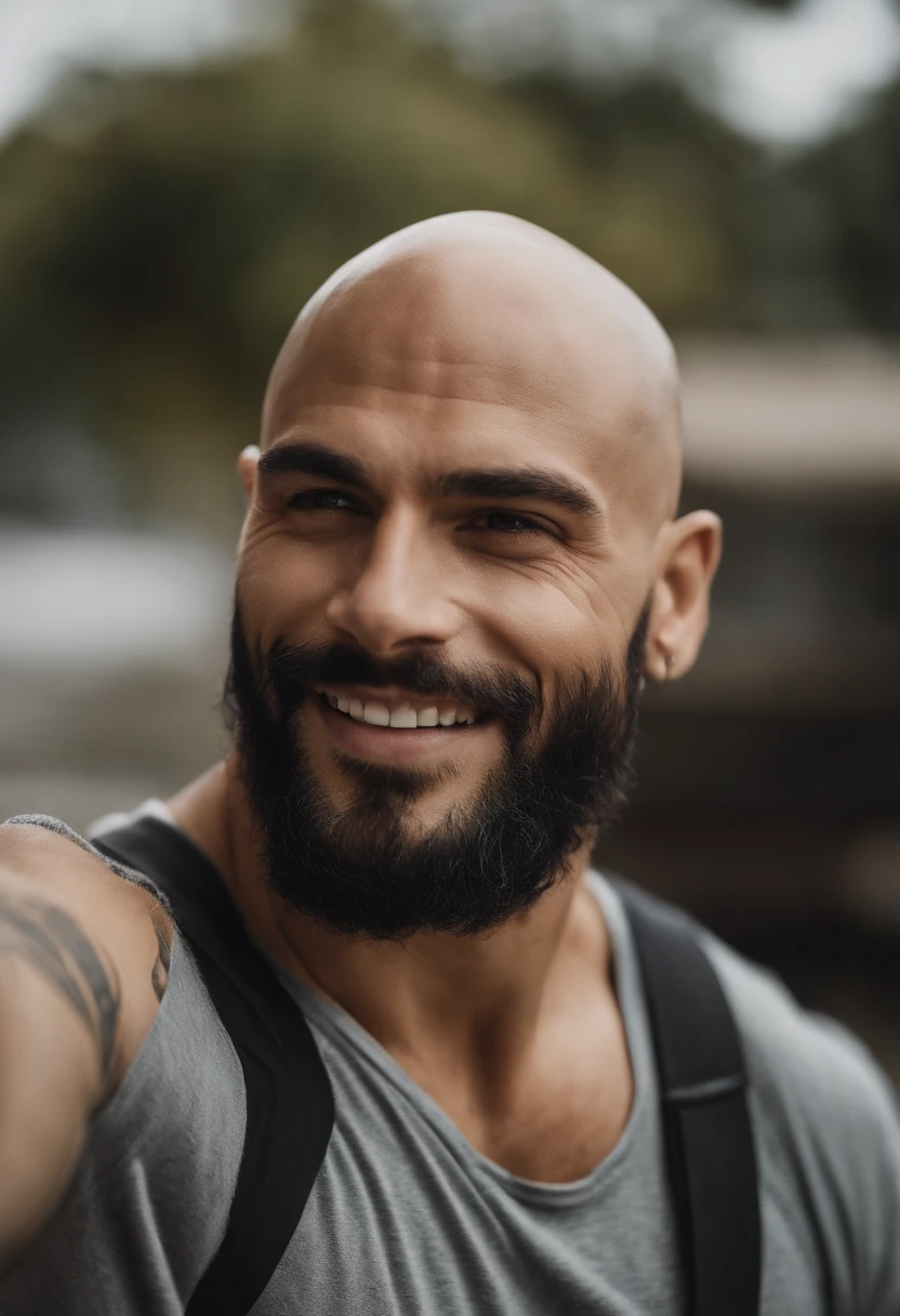 Bald man without hair, short beard and gray shirt taking a selfie, tatuagens, homem tatuado, macho atraente, Macho bonito, homem atraente, bonito rosto atraente, bonito e atraente, jovem atraente, Homem magro com pele bronzeada clara, homem bonito, cabelos castanhos na altura dos ombros, modelo masculino, rosto bonito perfeito, strong masculine features, rosto detalhado, square jawline, Can Yaman 8k