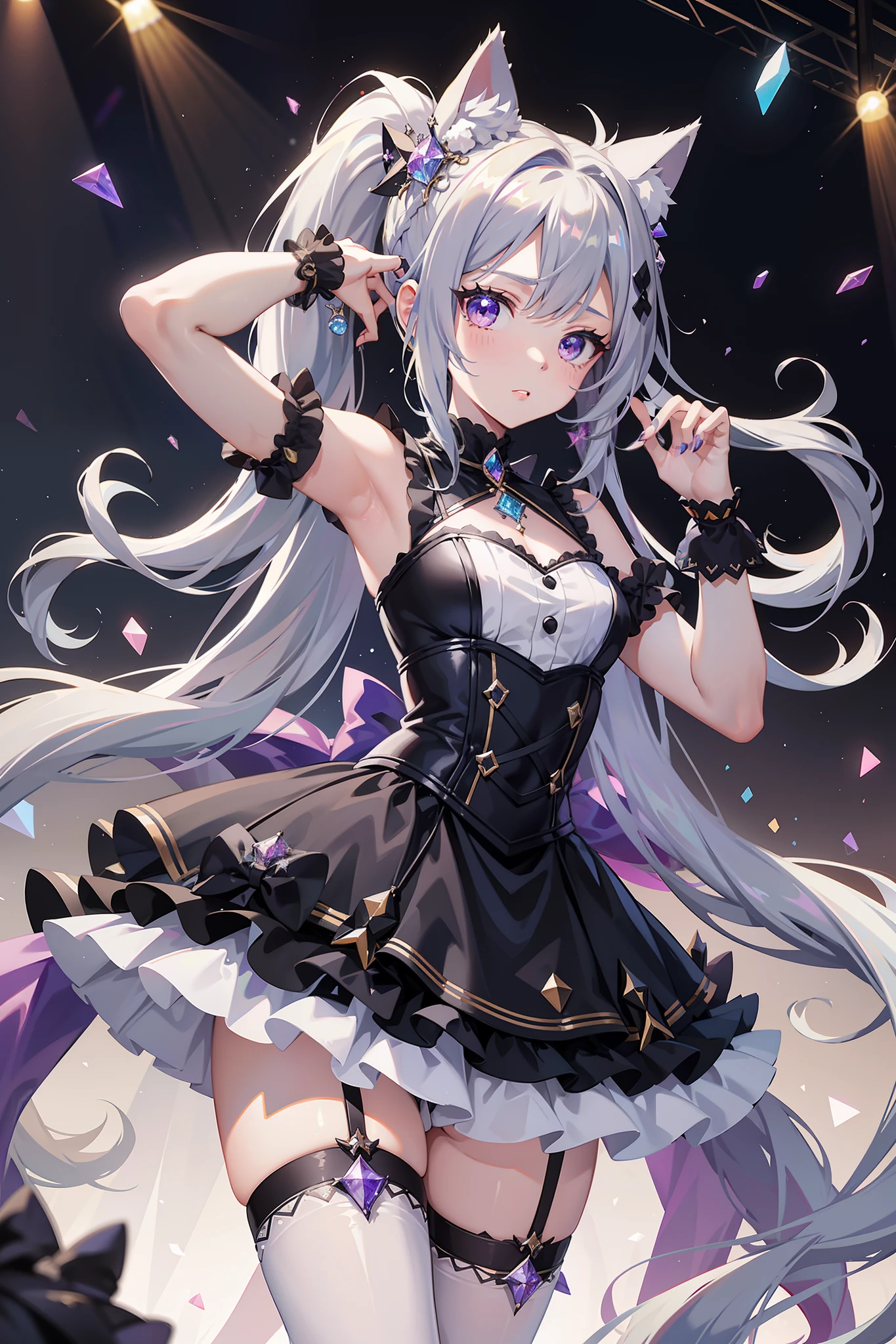 girl with cat ears,cheerfulness,(Enchanted:0.2),best qualtiy,tmasterpiece,Ultimate Resolution,downy,Colorful,Complete body,Double ponytail gray hair,Eyes Like Gems,Lolita dress dominated by black,(exquisite costumes),Idol clothes, white stockings,long legged,Muffin Shoes,embroidery,(rainbow bubbles:0.3),Diamond,krystal,Broken Diamond,(kirakira:0.5),(shine:0.3),Standing on a stage