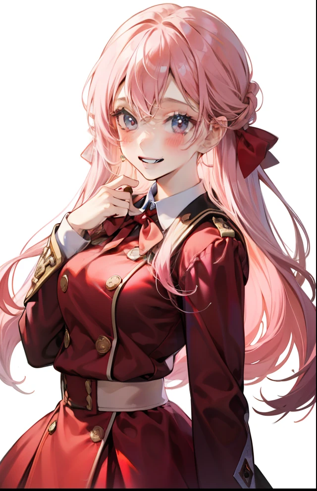 girl with、Background white、without background、Pink hair、The long-haired、with blush cheeks、Embarrassing、student clothes、Red uniform、frilld、bow ribbon、Smiling、kawaii、Background with