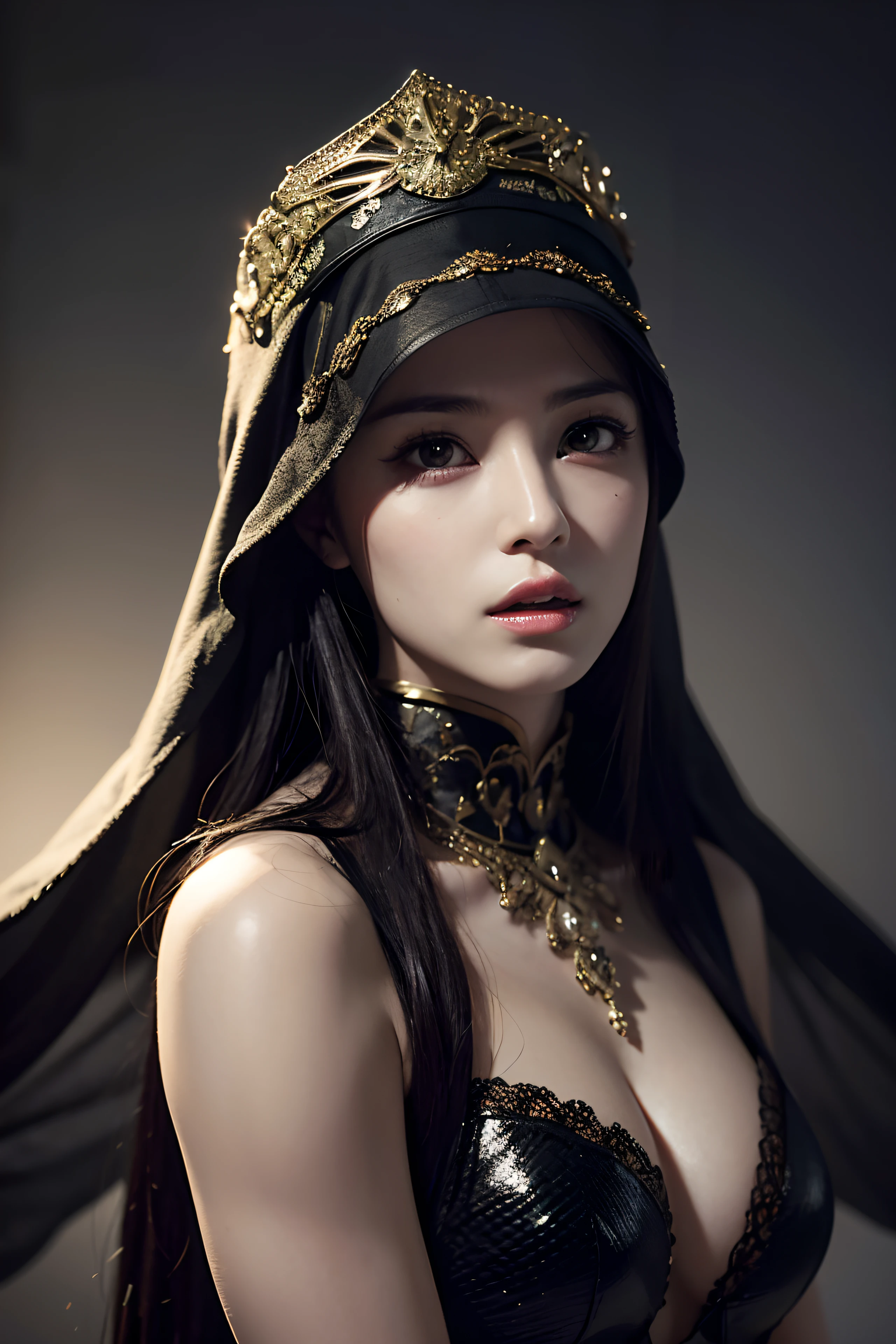 model shoot, (1 woman 30 years old), Islamic warrior, hyper realistic, super detailed, Dynamic shot, masterpiece, scene sharp détails, perfect eyes, perfect skin, perfect hands, angry