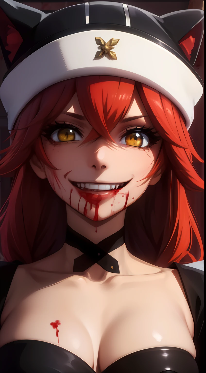 masterpiece, best quality, high quality, highres, absurdres, BETA, 1girl, solo, smile, animal hat, collarbone, portrait, black choker, (cowboy_shot), ((evil, bloody, blood, sadistic, 
Medium breasts))