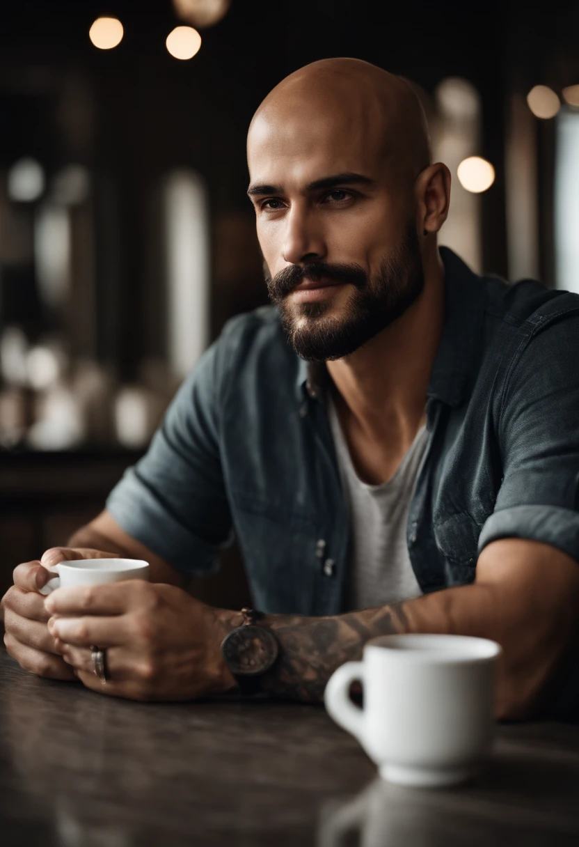 Bald man without hair, short beard and gray shirt having a coffee, tatuagens, homem tatuado, macho atraente, Macho bonito, homem atraente, bonito rosto atraente, bonito e atraente, jovem atraente, Homem magro com pele bronzeada clara, homem bonito, cabelos castanhos na altura dos ombros, modelo masculino, rosto bonito perfeito, strong masculine features, rosto detalhado, square jawline, Can Yaman 8k