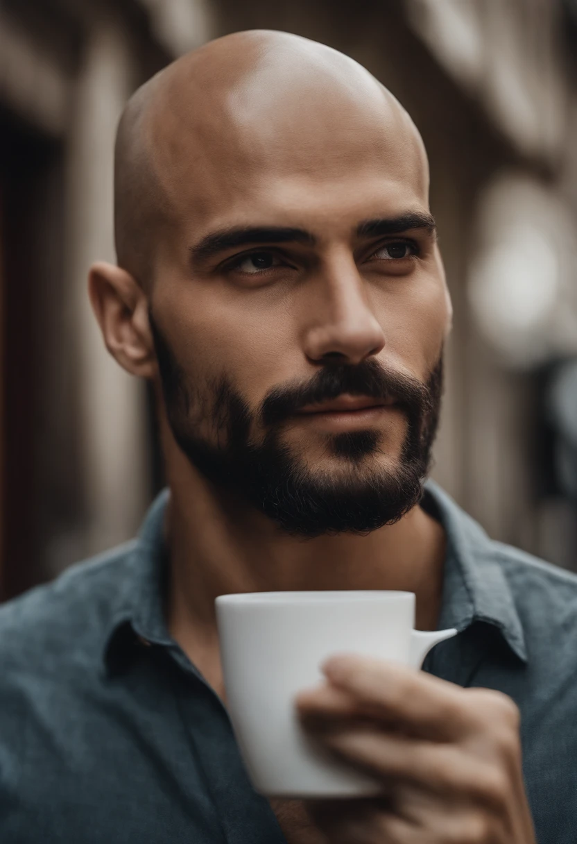 Bald man without hair, short beard and gray shirt having a coffee, tatuagens, homem tatuado, macho atraente, Macho bonito, homem atraente, bonito rosto atraente, bonito e atraente, jovem atraente, Homem magro com pele bronzeada clara, homem bonito, cabelos castanhos na altura dos ombros, modelo masculino, rosto bonito perfeito, strong masculine features, rosto detalhado, square jawline, Can Yaman 8k