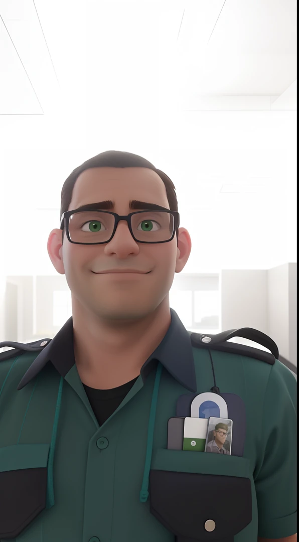 Create a Disney Pixar-style image, a man with glasses and a green shirt, standing in a room. He is taking a selfie, capturing his reflection in a mirror. The man appears to be in uniform, which suggests that he may be a security guard or a professional in a certain field. The room he is in appears to be a white room, possibly an office or workspace.