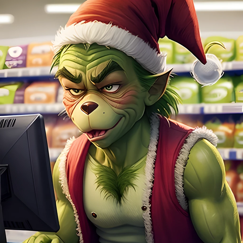 The Grinch in a Walmart vest