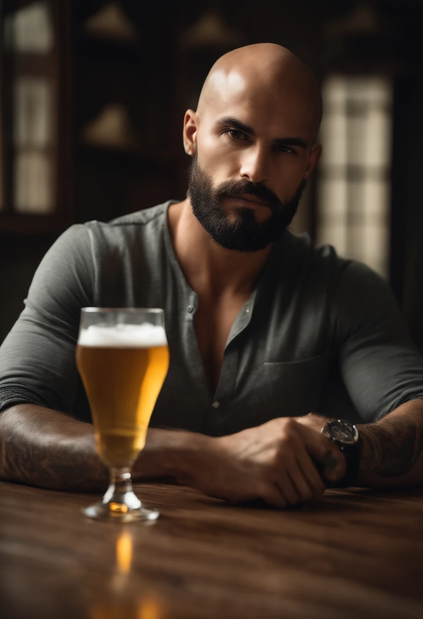 Bald man without hair, short beard and gray shirt having a beer, tatuagens, homem tatuado, macho atraente, Macho bonito, homem atraente, bonito rosto atraente, bonito e atraente, jovem atraente, Homem magro com pele bronzeada clara, homem bonito, cabelos castanhos na altura dos ombros, modelo masculino, rosto bonito perfeito, strong masculine features, rosto detalhado, square jawline, Can Yaman 8k