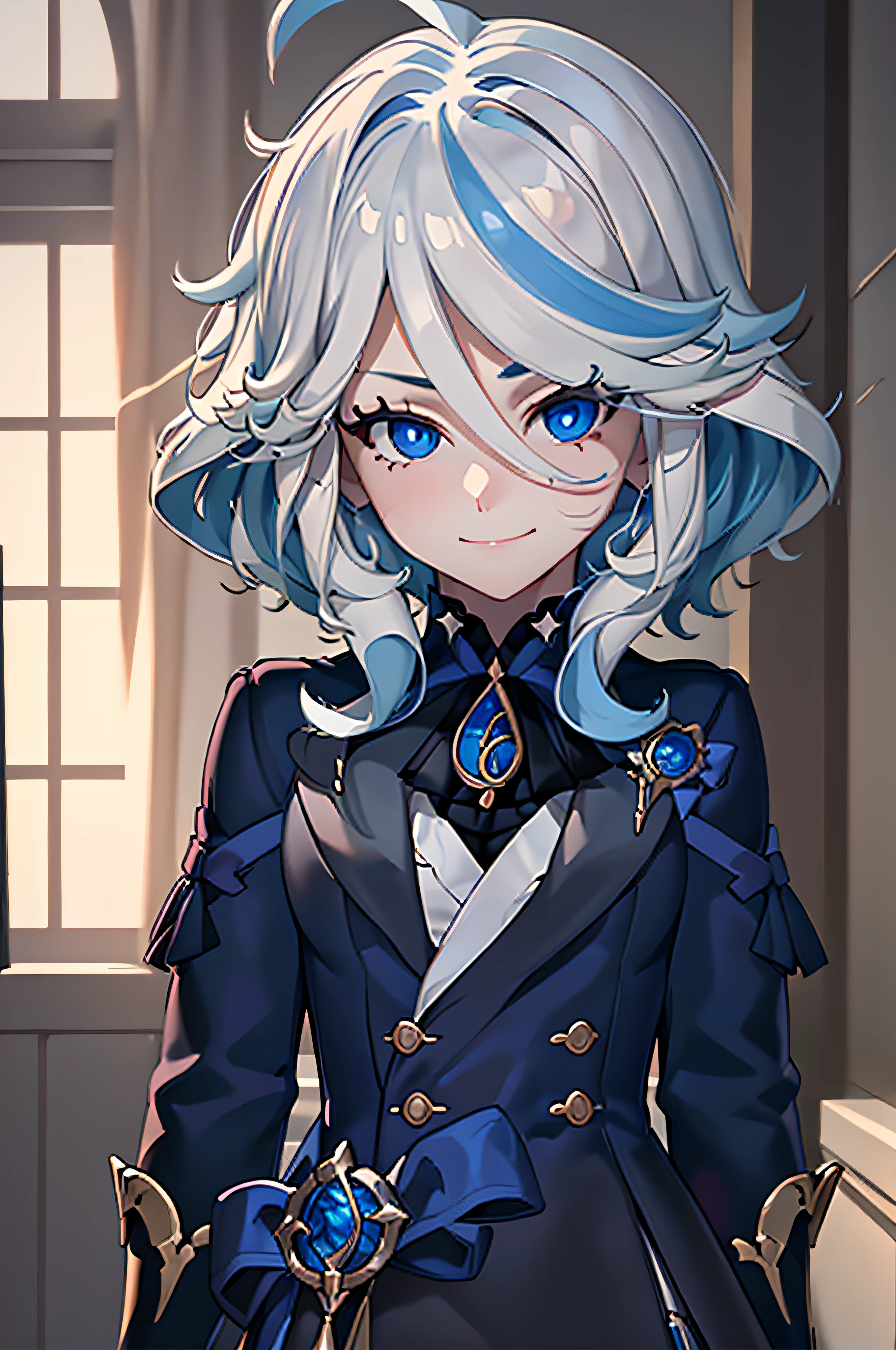 Furina is a simple but firm figure, generous but has strong opinions, patient and tough. He believes in strong justice in leading his country, so he always provides fair and proportional punishment for mistakes committed.

Furina displays a frightening aura, but beneath it all, she is also someone who cares and loves anyone she protects.

Draw a picture of Furina's character that shows these traits. His facial expression may display a combination of fierceness and gentleness. Firm but caring eyes, and a faint smile that shows depth and concern. His posture may convey solidity and strength, with prominent visual elements emphasizing his imposing presence.

The background or additional surrounding elements should reflect Furina's strong yet caring nature. For example, the image may feature symbols of justice or protection, or other elements that emphasize Furina's loyalty to her principles of justice and protection.