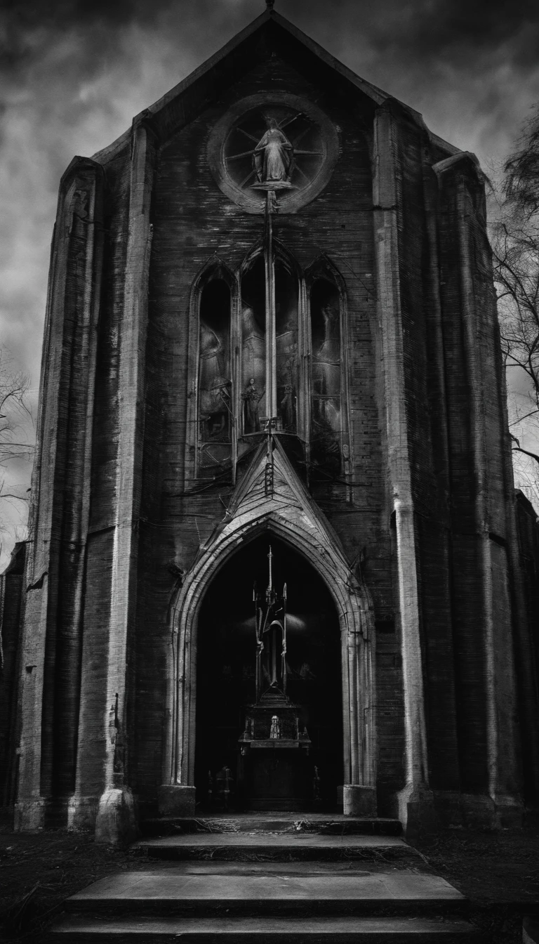 Dimly lit church,There is a Virgin,A crack appeared in the body of the Virgin,Inside is modern machinery,There is light on the head of the Virgin