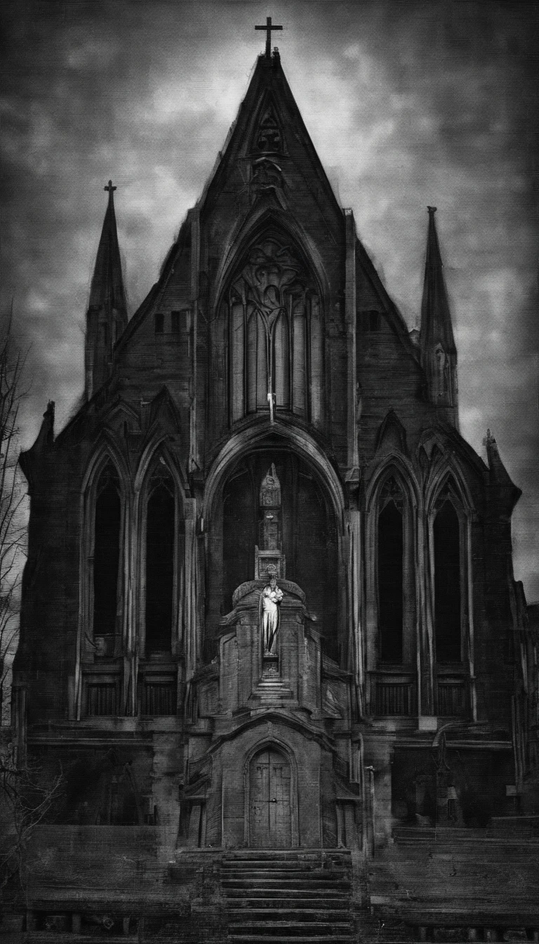 Dimly lit church,There is a Virgin,A crack appeared in the body of the Virgin,Inside is modern machinery,There is light on the head of the Virgin