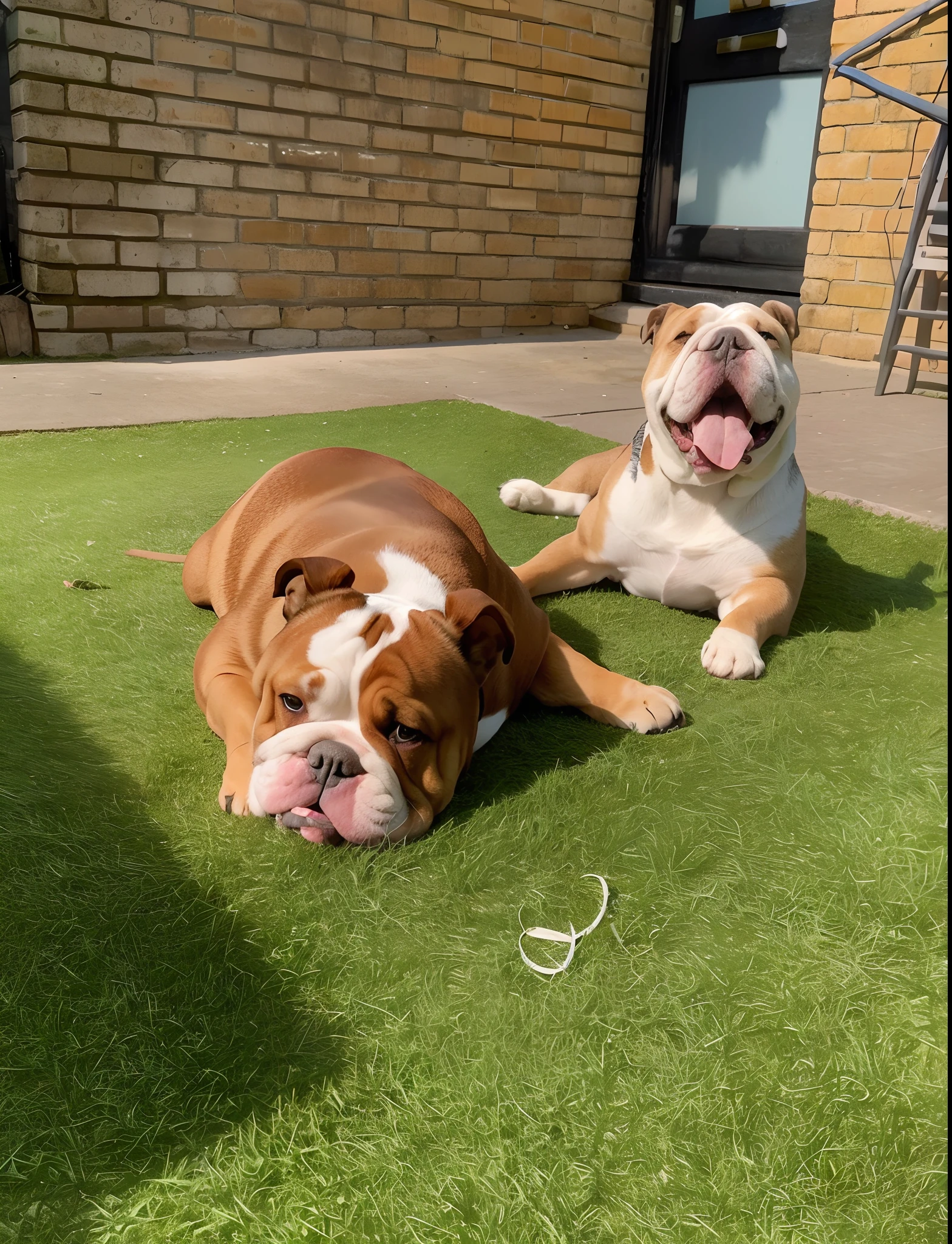 There are two English Bulldog lying on the grass in the backyard, Divertindo-se ao sol, olhar orgulhoso, Two dogs, both smiling for the camera, bela luz do dia, Tempo ligeiramente ensolarado, 🤬 🤮 💕 🎀, relaxing after a hard day, Looking towards the camera, atordoante!, vista deslumbrante, perfect crisp sunlight, atordoante!!
