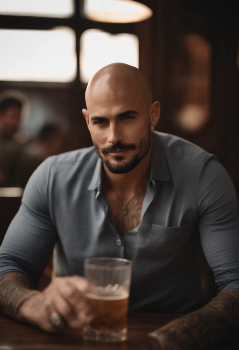 Bald man without hair, short beard and gray shirt having a cocktail, tatuagens, homem tatuado, macho atraente, Macho bonito, homem atraente, bonito rosto atraente, bonito e atraente, jovem atraente, Homem magro com pele bronzeada clara, homem bonito, cabelos castanhos na altura dos ombros, modelo masculino, rosto bonito perfeito, strong masculine features, rosto detalhado, square jawline, Can Yaman 8k