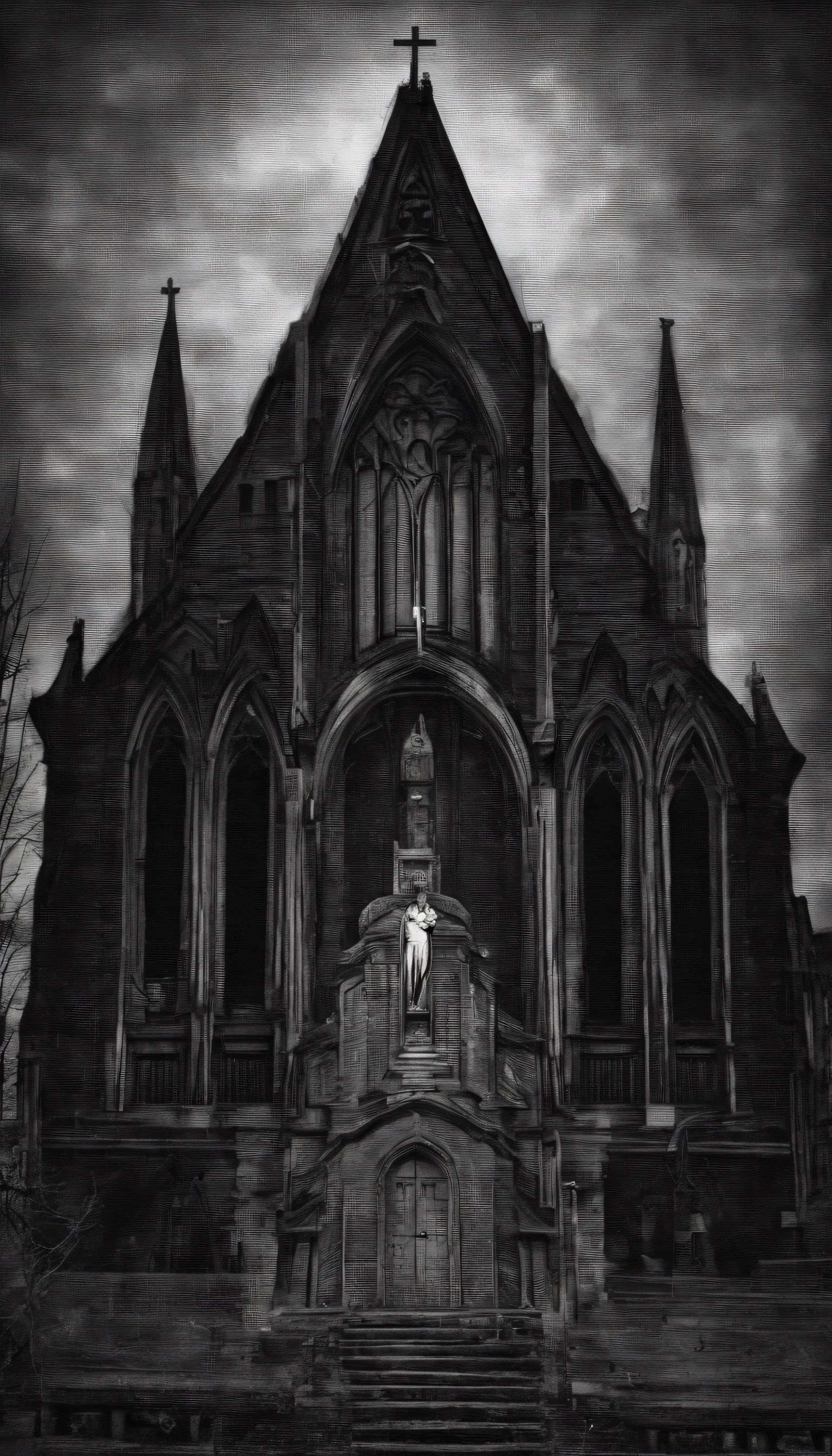 Dimly lit church,There is a Virgin,A crack appeared in the body of the Virgin,Inside is modern machinery,There is light on the head of the Virgin