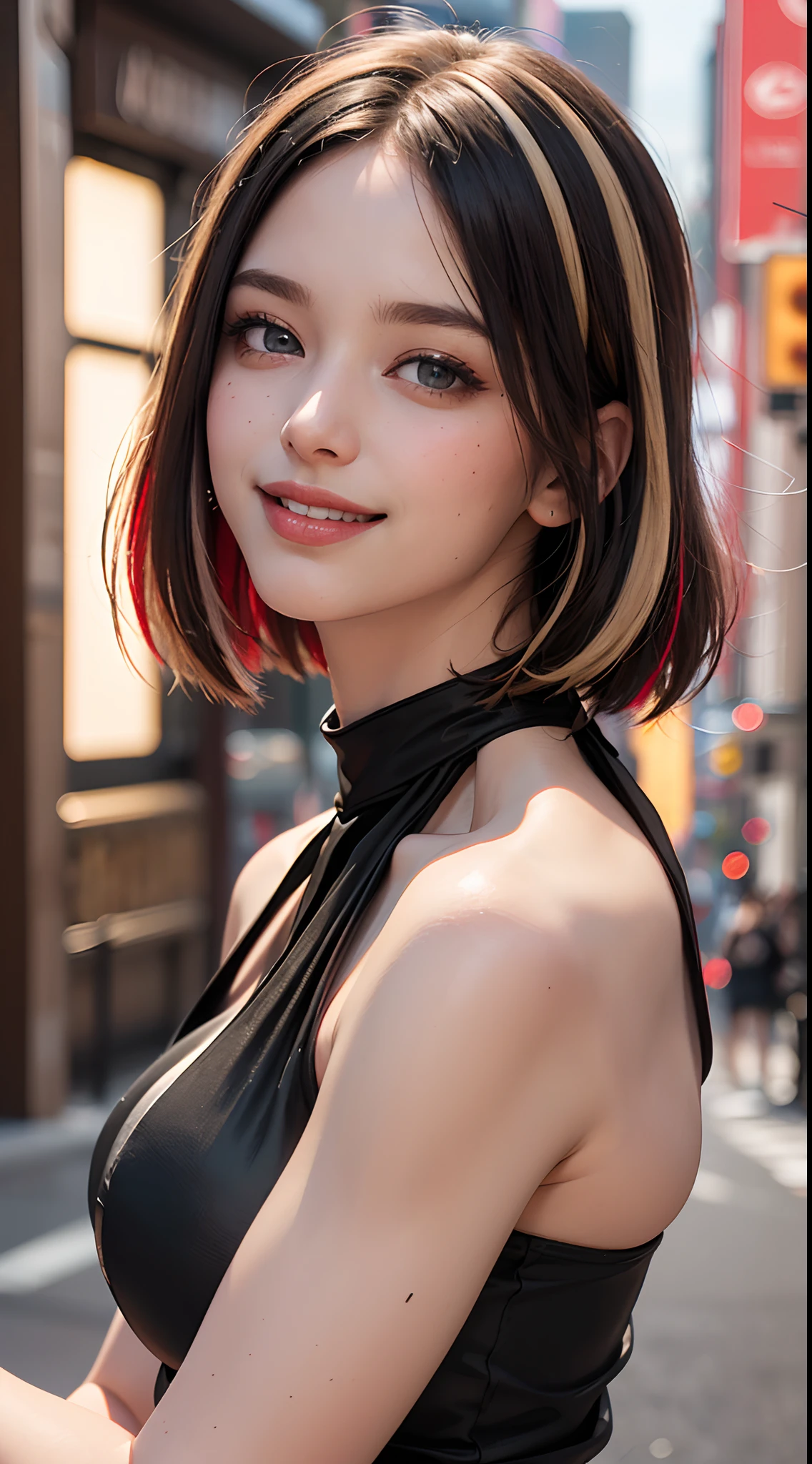 (best quality, 4k, 8k, high-res, masterpiece:1.2), ultra-detailed, (realistic, photorealistic, photo-realistic:1.37), (beautiful detailed eyes, beautiful detailed lips, extremely detailed eyes and face:1.2), studio lighting, physically-based rendering, vivid colors, (big tits, super big tits, super extra big tits, waist), (two-tone color red & black halter neck dress:1.5), (portrait, bob cut, smile and laugh),