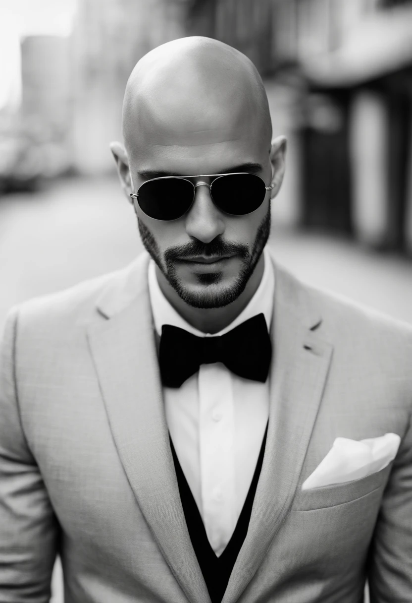Bald man without hair, short beard and black tie having a cocktail, tatuagens, homem tatuado, macho atraente, Macho bonito, homem atraente, bonito rosto atraente, bonito e atraente, jovem atraente, Homem magro com pele bronzeada clara, homem bonito, cabelos castanhos na altura dos ombros, modelo masculino, rosto bonito perfeito, strong masculine features, rosto detalhado, square jawline, Can Yaman 8k