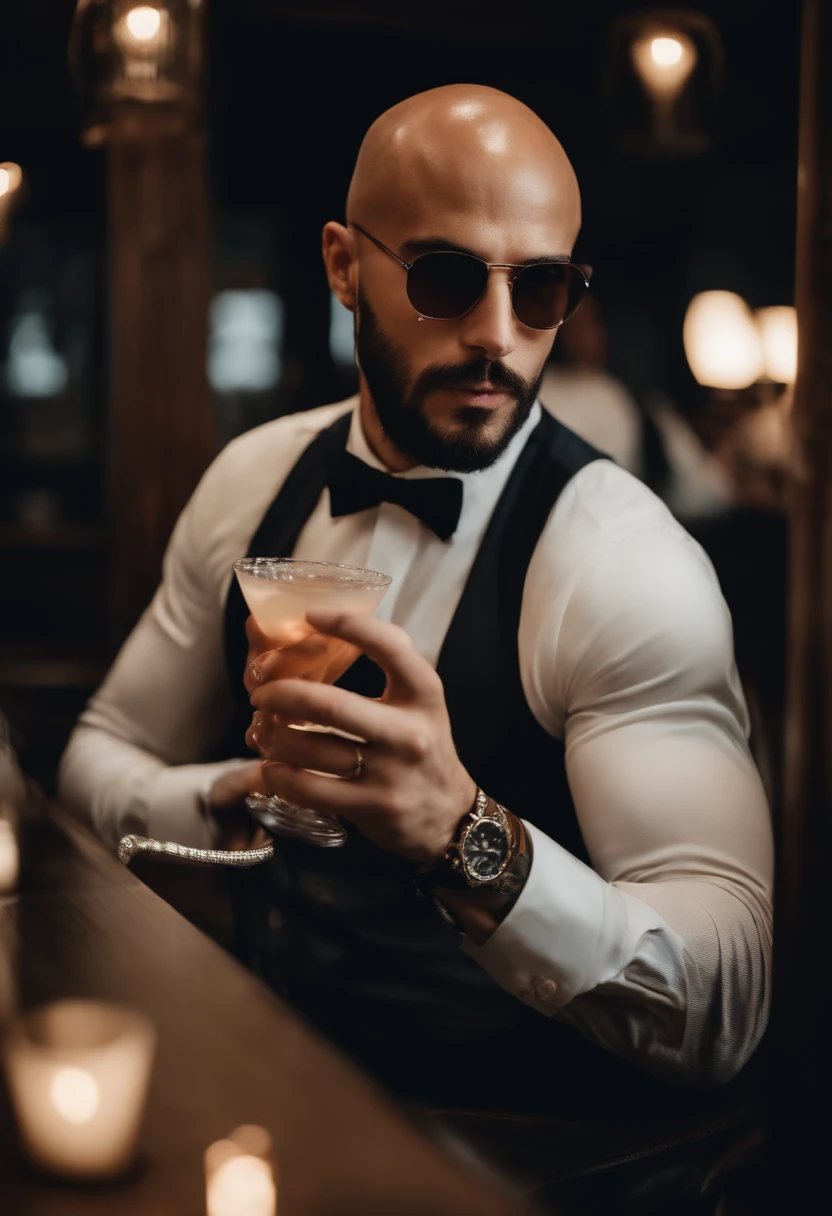 Bald man without hair, short beard and black tie having a cocktail, tatuagens, homem tatuado, macho atraente, Macho bonito, homem atraente, bonito rosto atraente, bonito e atraente, jovem atraente, Homem magro com pele bronzeada clara, homem bonito, cabelos castanhos na altura dos ombros, modelo masculino, rosto bonito perfeito, strong masculine features, rosto detalhado, square jawline, Can Yaman 8k