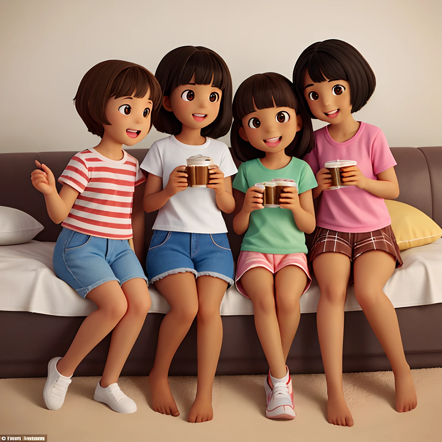 Three best friends: an American woman with black hair with lightly tanned skinned, an American woman with dark brown hair, and an American woman with light brown hair. They are having a sleepover party.