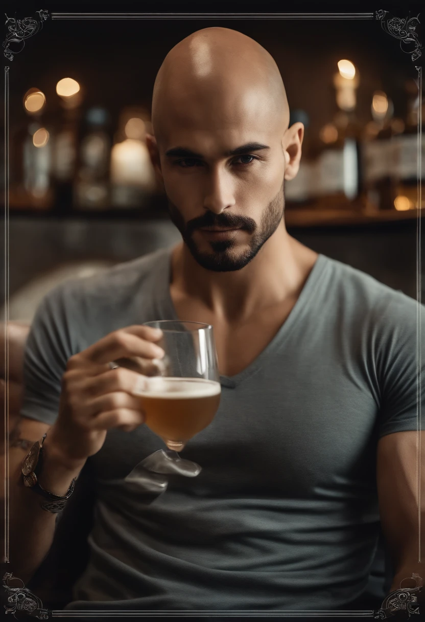 Bald man without hair, short beard and gray shirt having a drink, tatuagens, homem tatuado, macho atraente, Macho bonito, homem atraente, bonito rosto atraente, bonito e atraente, jovem atraente, Homem magro com pele bronzeada clara, homem bonito, cabelos castanhos na altura dos ombros, modelo masculino, rosto bonito perfeito, strong masculine features, rosto detalhado, square jawline, Can Yaman 8k