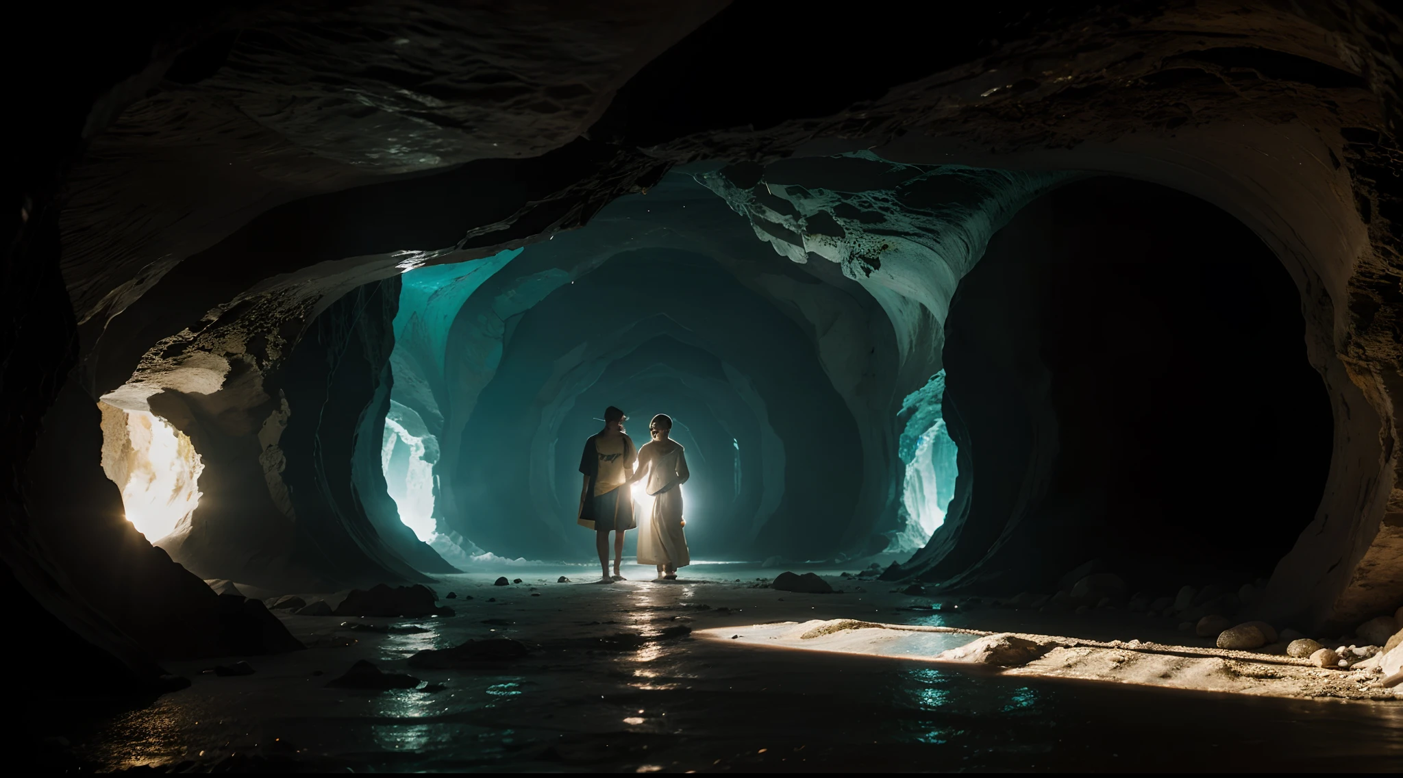 Feche os olhos e imagine sacerdotes maias, com seus trajes cerimoniais coloridos, carrying a golden ark richly decorated with mythological symbols of Mayan culture. Agora, visualize-os adentrando uma caverna submersa, with crystal blue waters that reflect light, Creating an Ethereal Scenario. Descreva em detalhes a imagem ultra realista dessa cena, with the cave walls adorned with glowing stalactites and the shadows dancing softly over the priests, As they advance towards the mysterious darkness.”