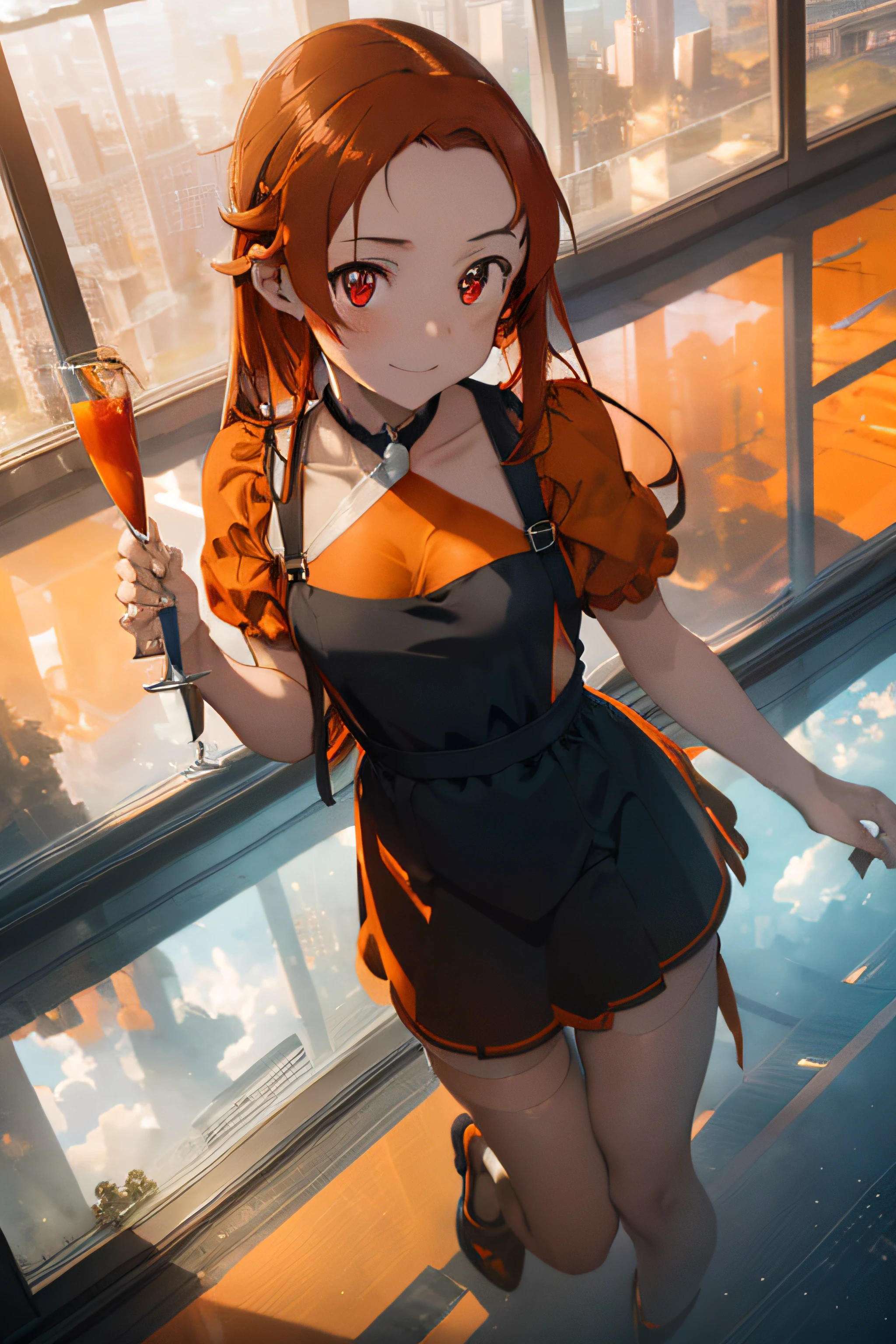 (masterpiece:1.2), best quality, expressive eyes, perfect face, tiese, red eyes, red hair, smiling, wearing plunging neckline dress,silk dress, (((orange dress))), silver highheels, posing lovely, outdoors,( in the sky:1.5), (glass floor:1.5), reflective floor, blue sky, sunset, lens flares