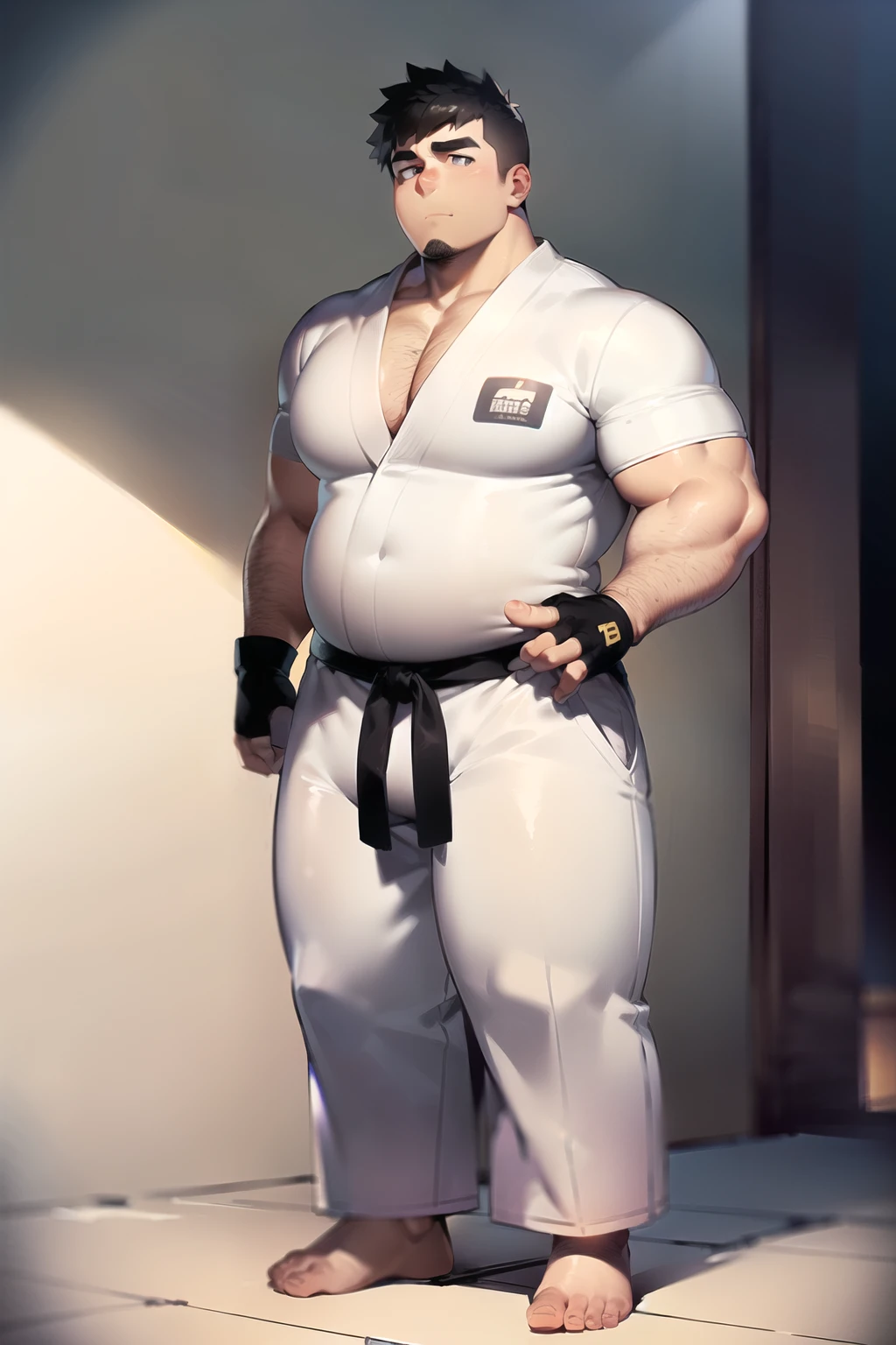 ((1male, solo)), (chubby:1.3, stocky:1.2), ((white judo gi)), ((dougi)), barefoot, ((long pants, open_clothes)), (bara:1.3), (shota:0.5), buzz_cut, full body shot, ((cool, cute, awesome)), (fingerless gloves), (chubby_face:0.8, black hair), standing_idle, ((front_view, straight-on))