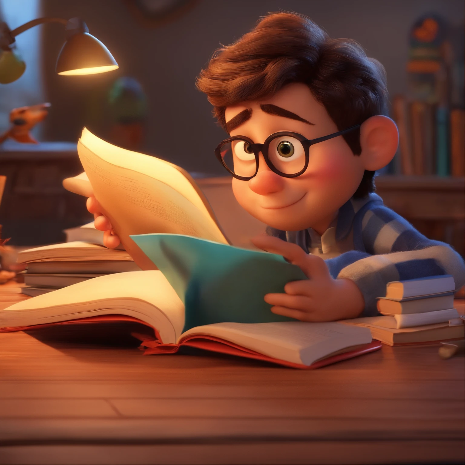 3d render boy reading in library photorealistic