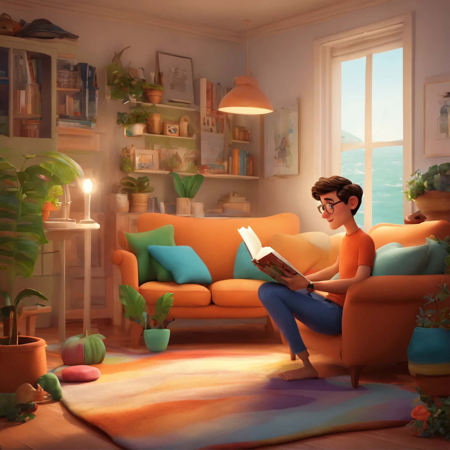 fundo branco, pixar desenhos animados 3D, homem lendo um livro, ::estilo pixar cartoon