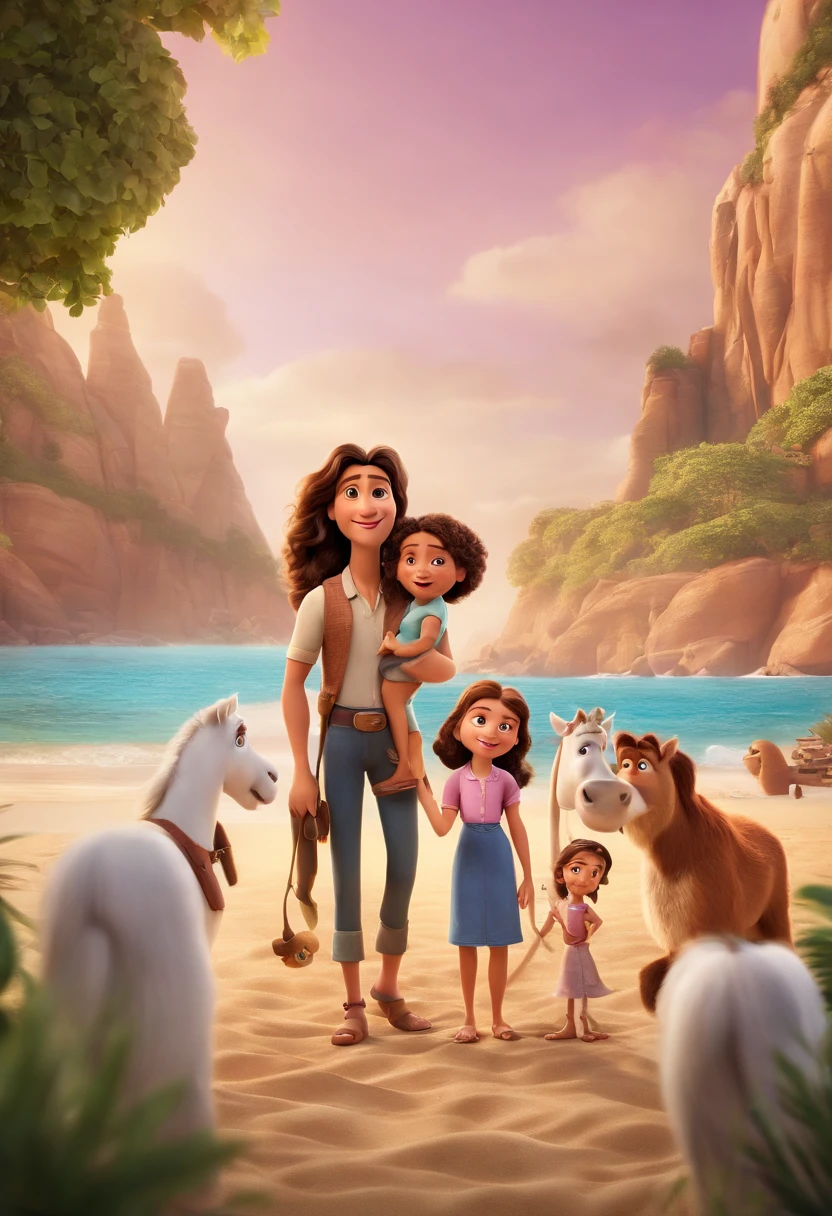 a Disney Pixar movie poster showing a white-skinned family. The father is the tallest, Tem barba curta, loiro, cabelos curtos e espinhosos. The mother has brown eyes and hair, shoulder-length and is slightly overweight. A menina tem 4 anos e cabelos castanhos, roupa rosa e rabos de cavalo. The background is a beach garden. 3D-rendering