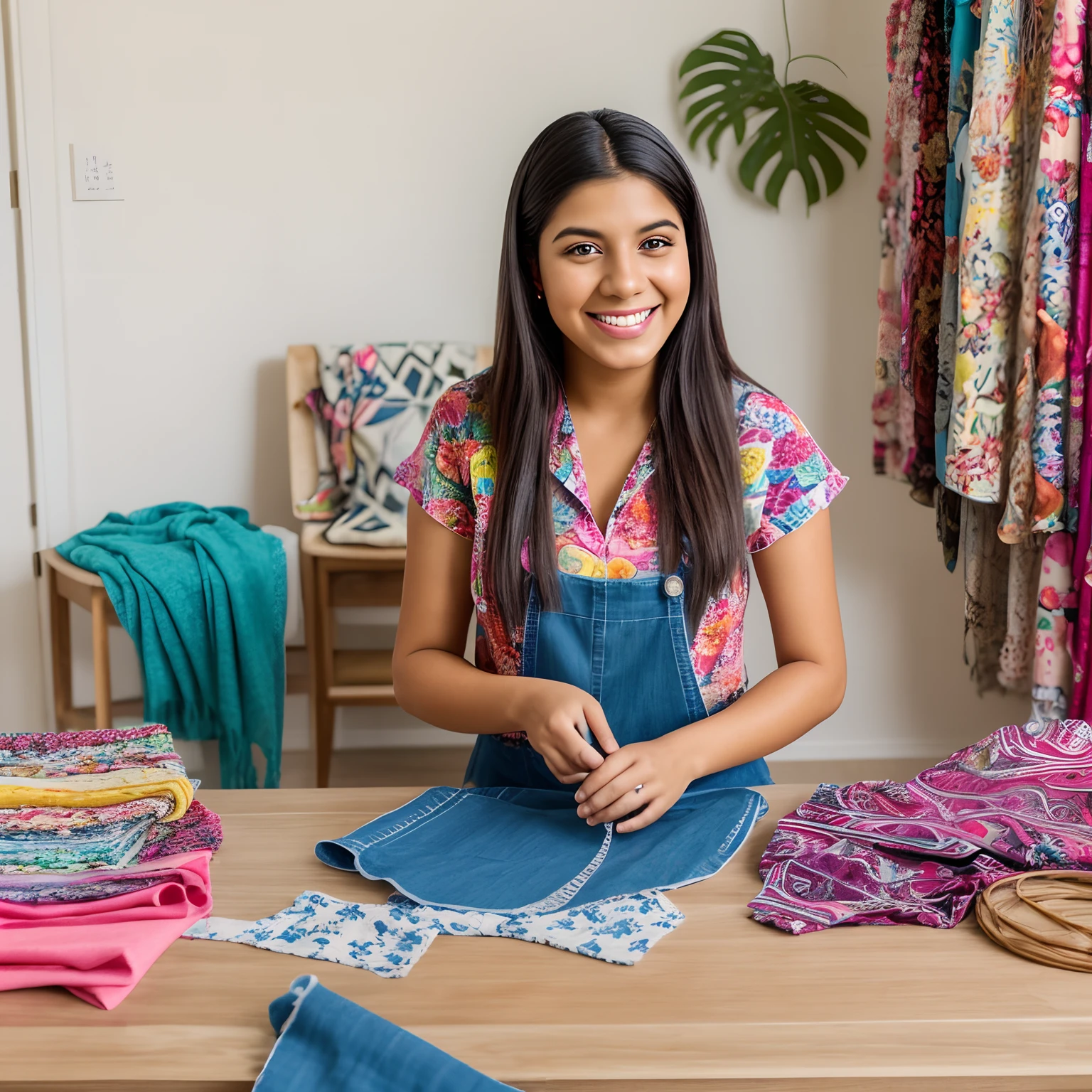 A realistic image of a 25 year old Hispanic woman happily sewing at home, with a big smile on her face. She is surrounded by vibrant and colorful fabrics. The setting should be bright, cheerful, and fun.