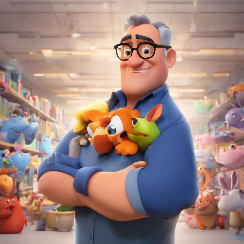 Crie um cartaz inspirado na Disney Pixar com o personagem sendo o deputado Keniston Braga, A white-haired man wearing glasses, the scene will be in Pixar's distinctive digital art style. Focus on Character Expressions, Vibrant colors and detailed textures feature its animations, with the title " Keniston Braga no meio, Quero a cena dos principais filmes do PIXar