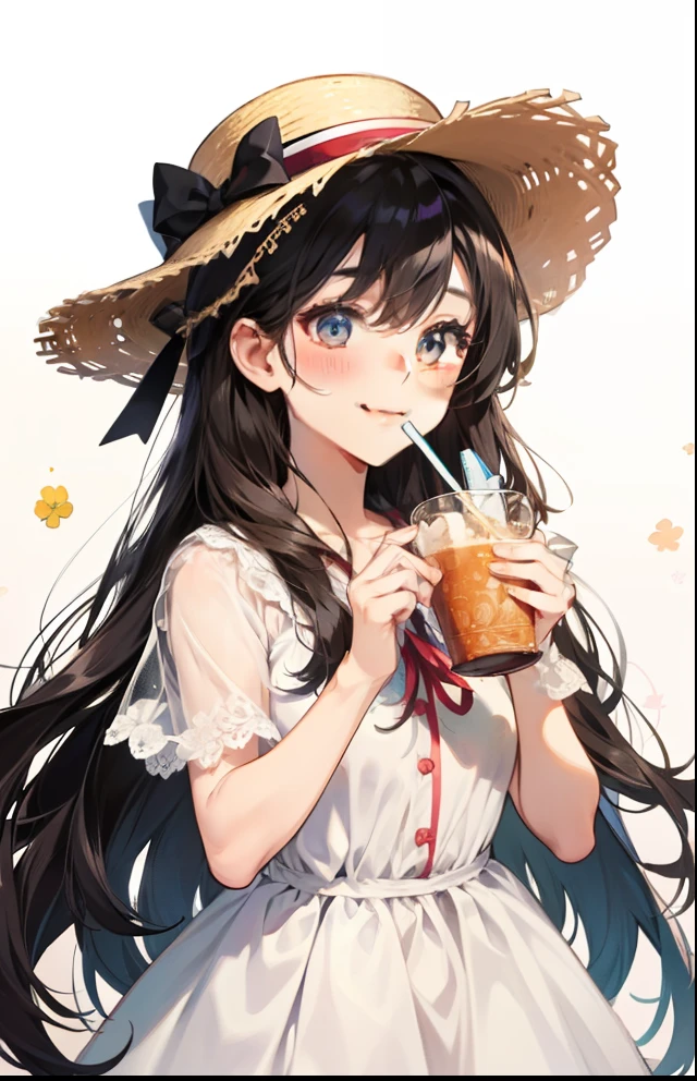 girl with、Background white、without background、A dark-haired、The long-haired、with blush cheeks、Embarrassing、White dress、a straw fedora hat、frilld、bow ribbon、Smiling、kawaii、childish、Gamine、Background with