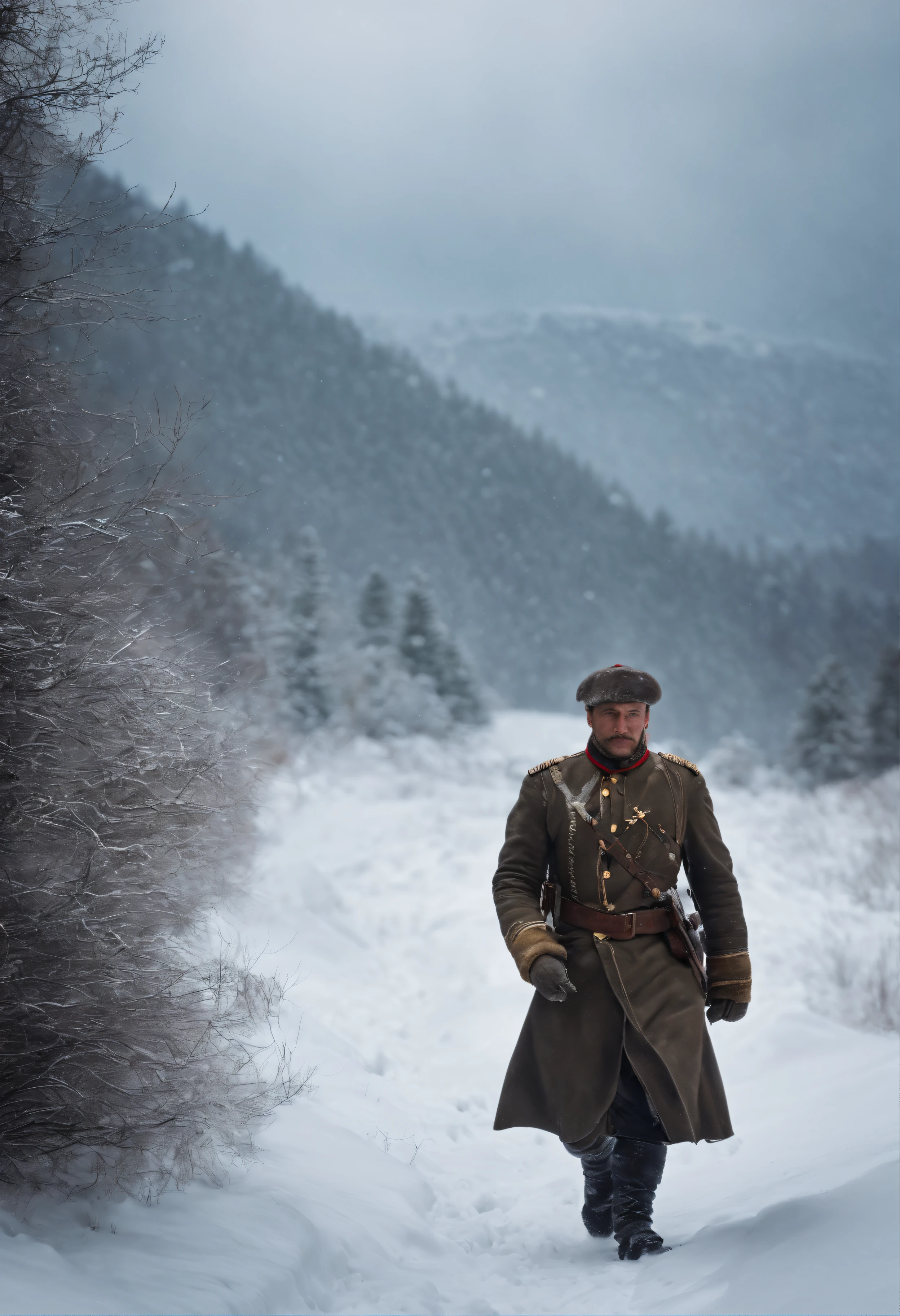 1800s, 10.000 Russian soldier walking in the blizzard in the mountains.