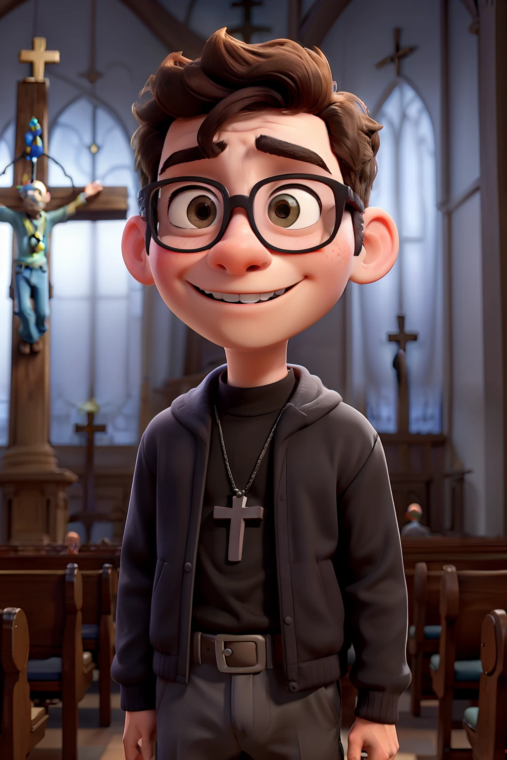 Disney Pixar photo of bald boy in black glasses in front of a Catholic church holding a rosary in his hand