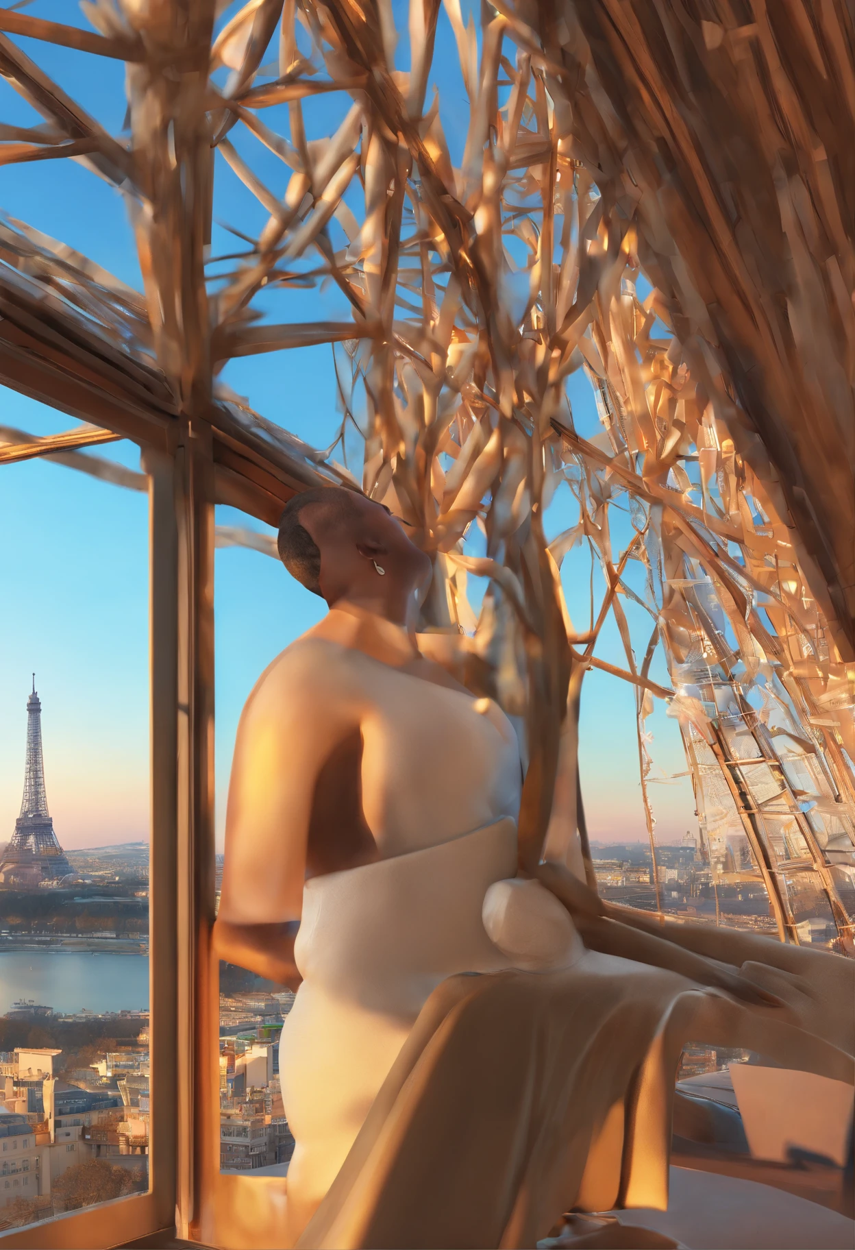Homem pele clara, loiro cabelos baixo, na frente da torre eiffel e rio sena