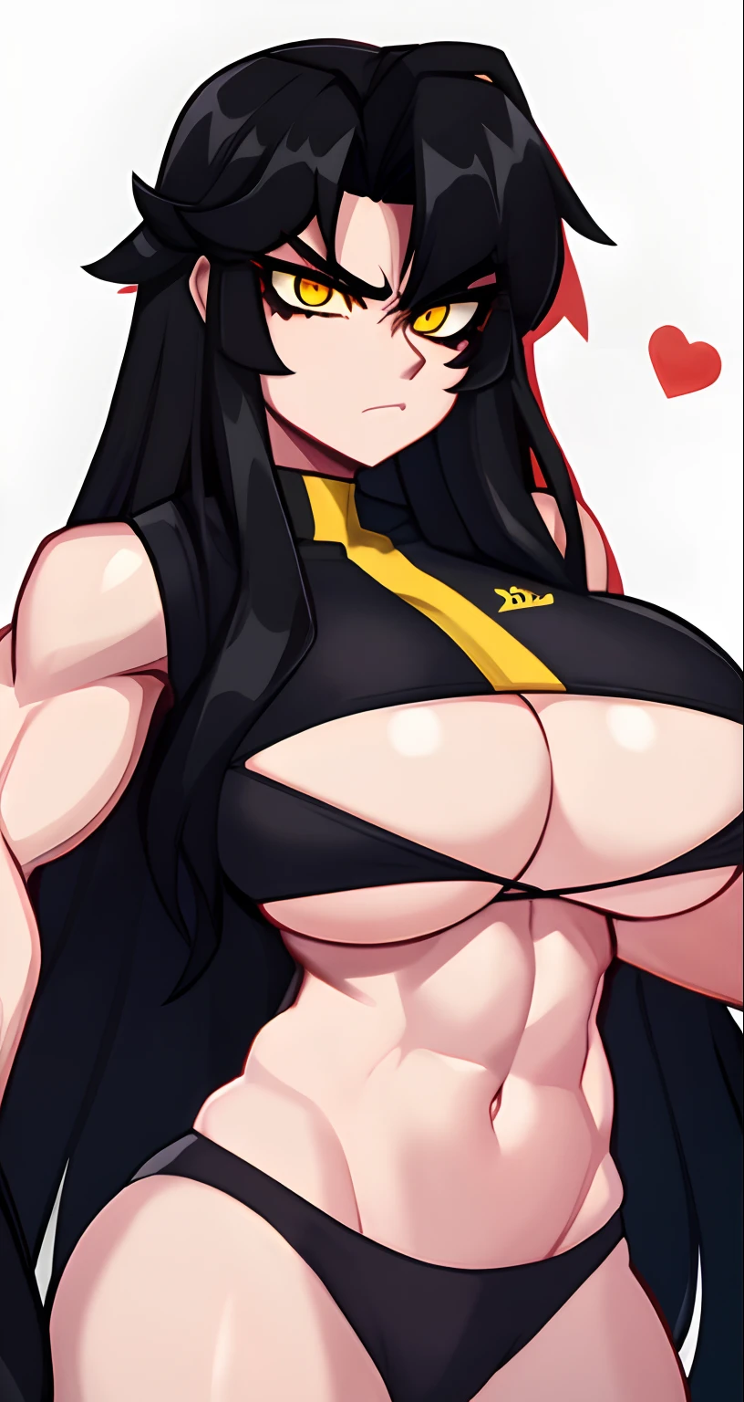 (1 girl) pale skin muscular bodybuilder huge tits black hair yellow eyes very long hair angry navel