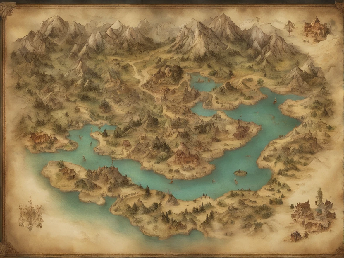 Aerial view taken from top to bottom directly from the drone, Mapa de pergaminho do misterioso continente, (Huge roots of black magic sprout from the West:1.2), (Magia nnecrosa negra no ar:1.2), fire, Ice and thunder, Dungeons and Dragons, Final Fantasy, arte do jogo, (Arquitetura e design de interiores coerentes, with realistic proportions and textures, detalhes intrincados, hand-painted, vibrante, Cinematic lighting, master part, 8k:1.2),world map,In the middle of the map is the Holy City,The surrounding area is dotted with villages and a lake or two,In the upper right corner are the snow-capped mountains,In the lower right corner is the desert