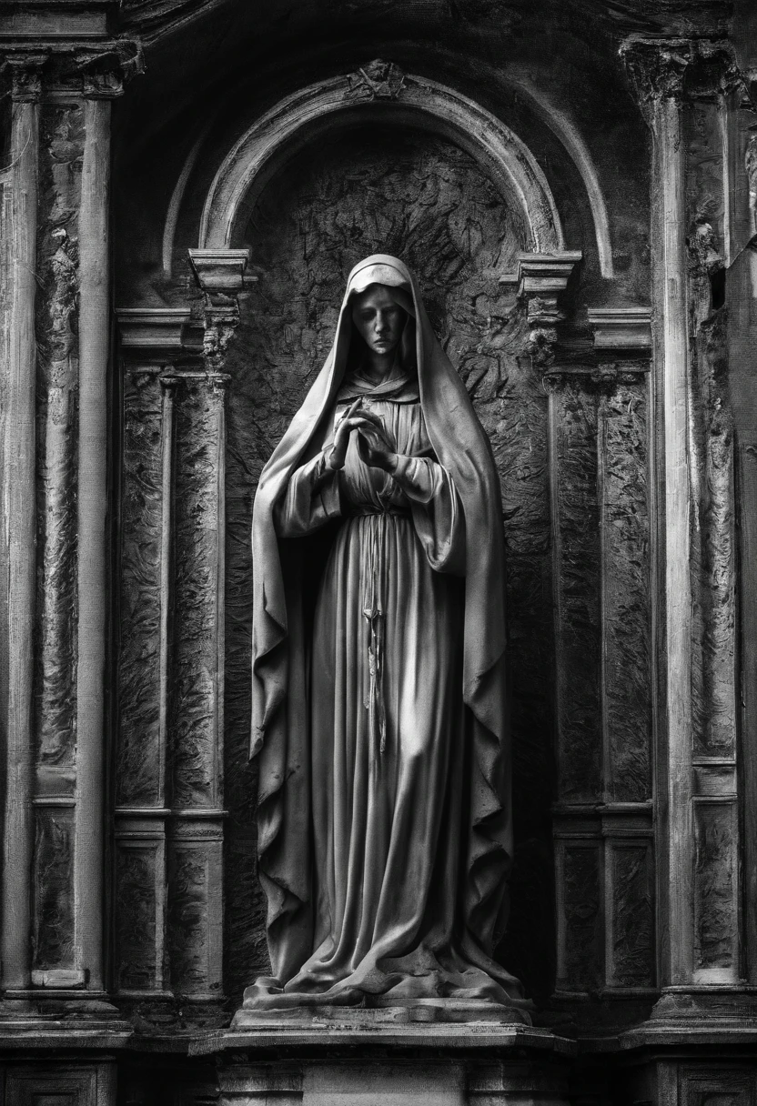 Statue of the Virgin Mary,central,There is light in the rifts,white backgrounid
