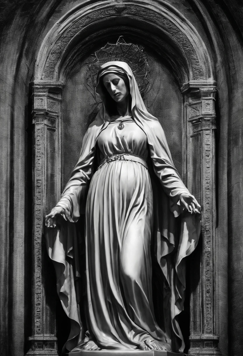 A stone statue of a female angel，Wearing a white robe，There was blood on the robe，The angel stands on a circular stone platform，In the church，The angel has a pair of angel wings on his back，There are a lot of lit candles at your feet，There was blood everywhere，Two lines of bloody tears flowed from the angel's face
